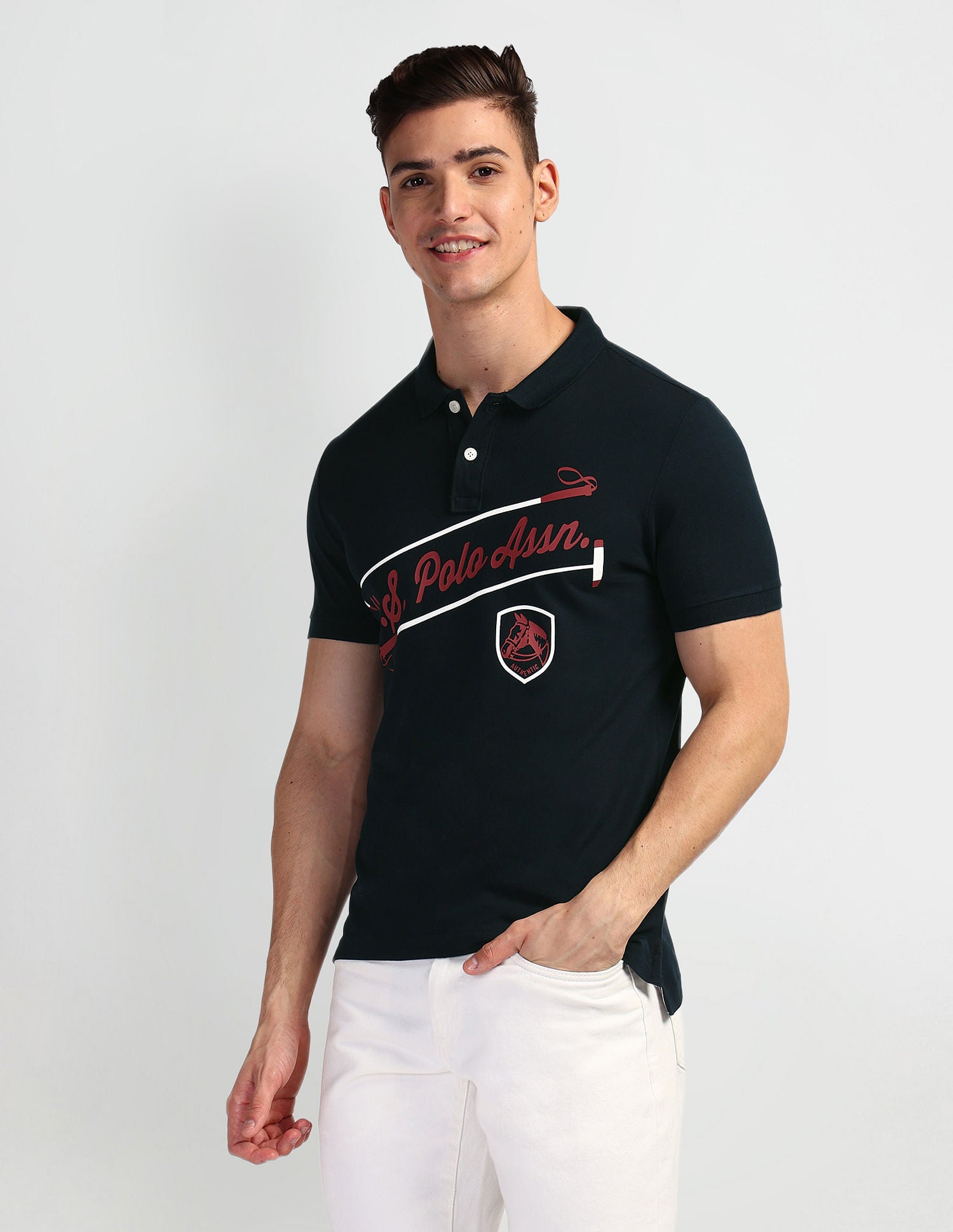 Brand Print Pique Polo Shirt Navy - U.S. Polo Assn. India | Large
