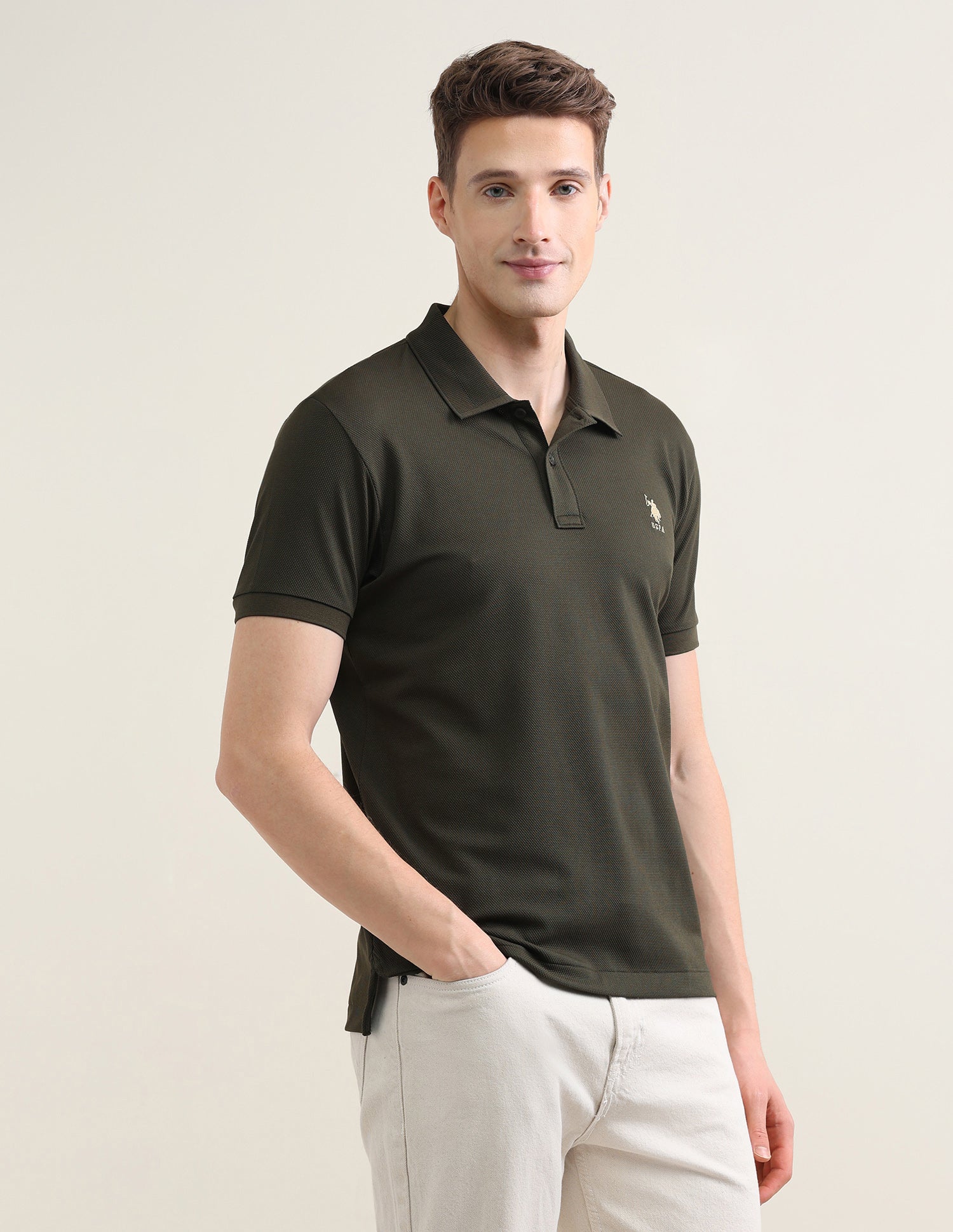 Solid Slim Fit Polo Shirt Olive - U.S. Polo Assn. India | Large