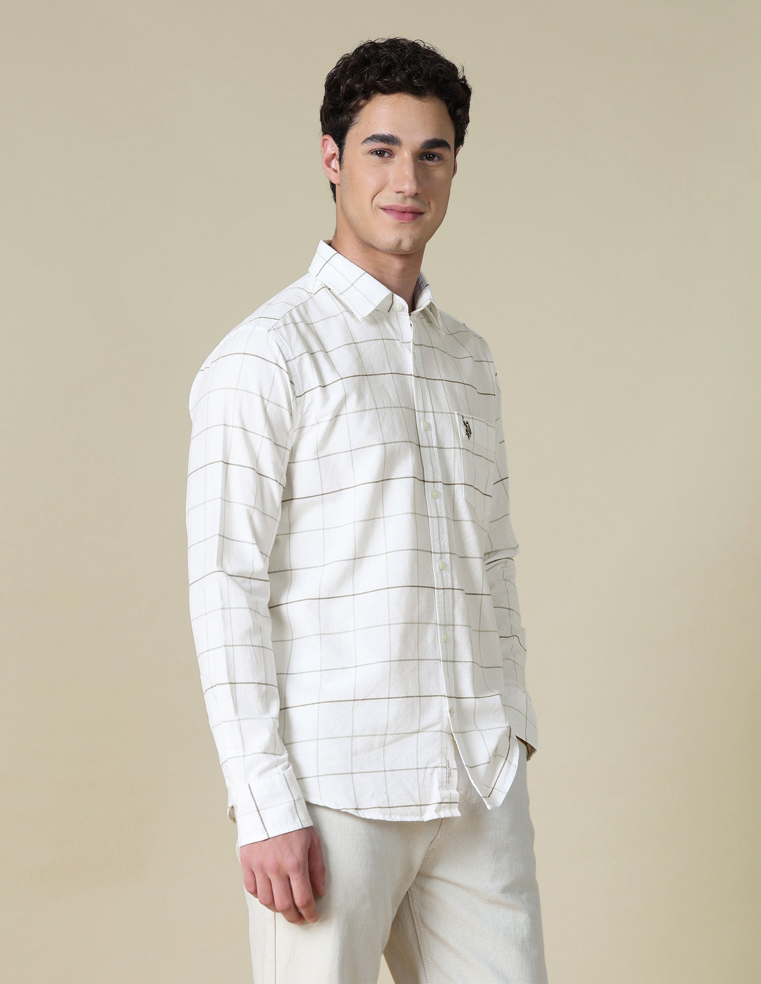 Windowpane Checked Oxford Shirt Beige - U.S. Polo Assn. India | Large