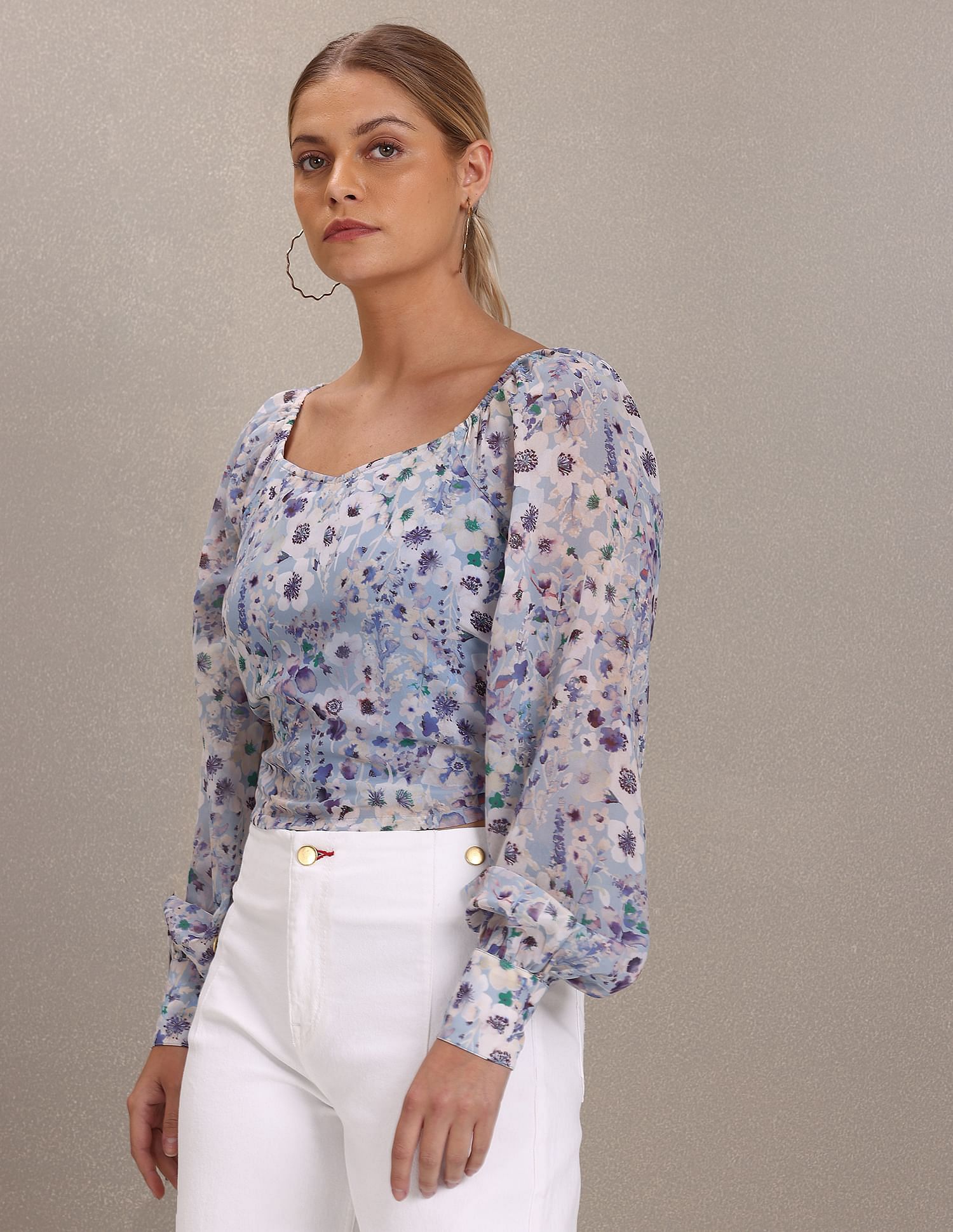 Square Neck Floral Print Woven Top Blue - U.S. Polo Assn. India | Large