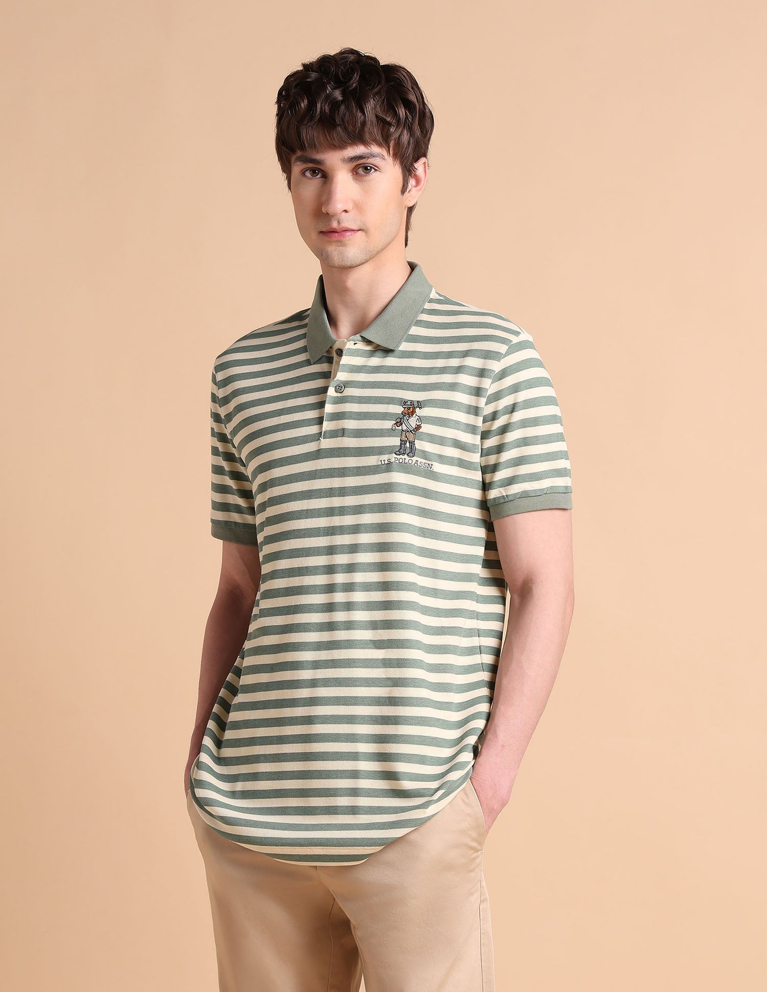 Horizontal Striped Slim Fit Polo Shirt Light Olive - U.S. POLO ASSN. | Large