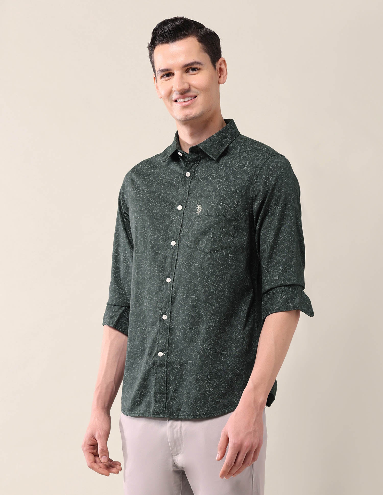 All-Over Printed Tailored Fit Shirt Dark Green - U.S. Polo Assn. India | Large