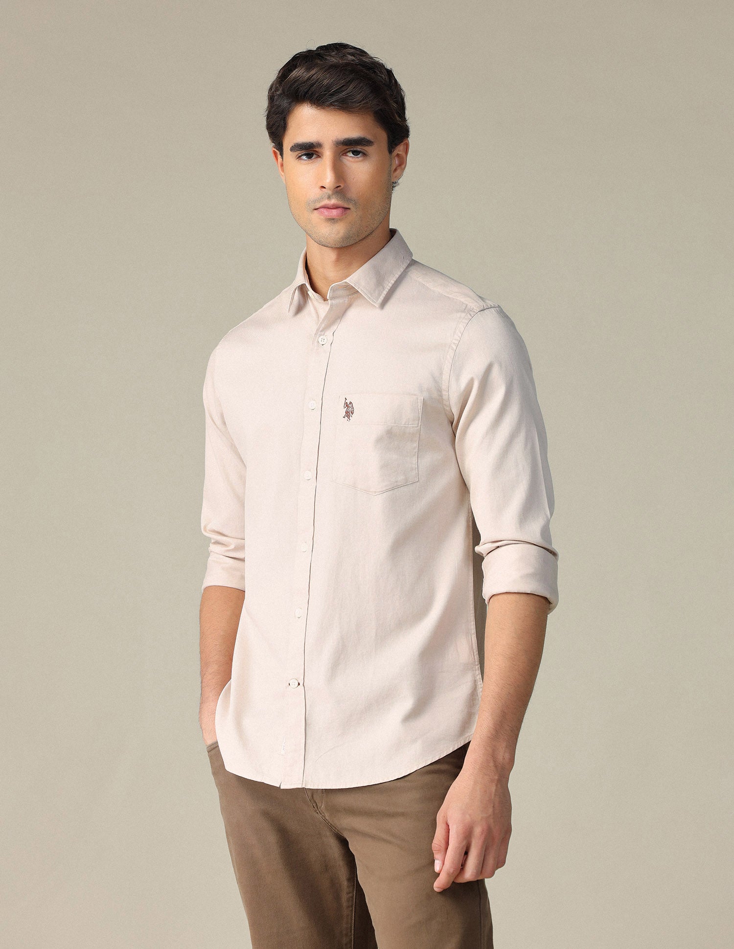 Pure Cotton Tailored Fit Shirt Beige - U.S. POLO ASSN. | Large