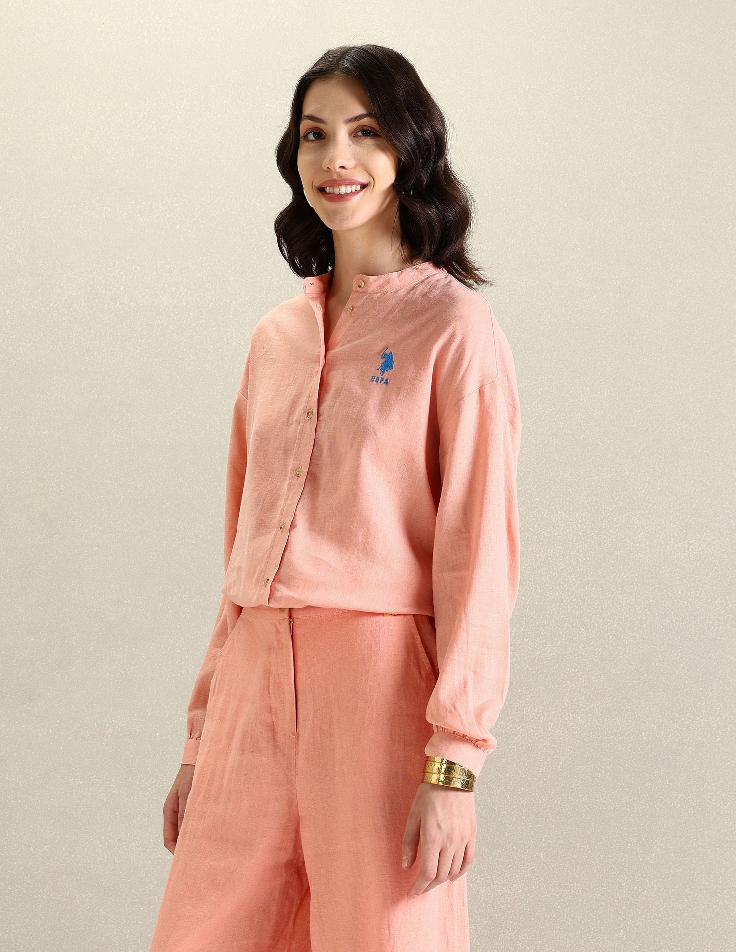 Mandarin Collar Viscose Linen Shirt Peach - U.S. Polo Assn. India | Large