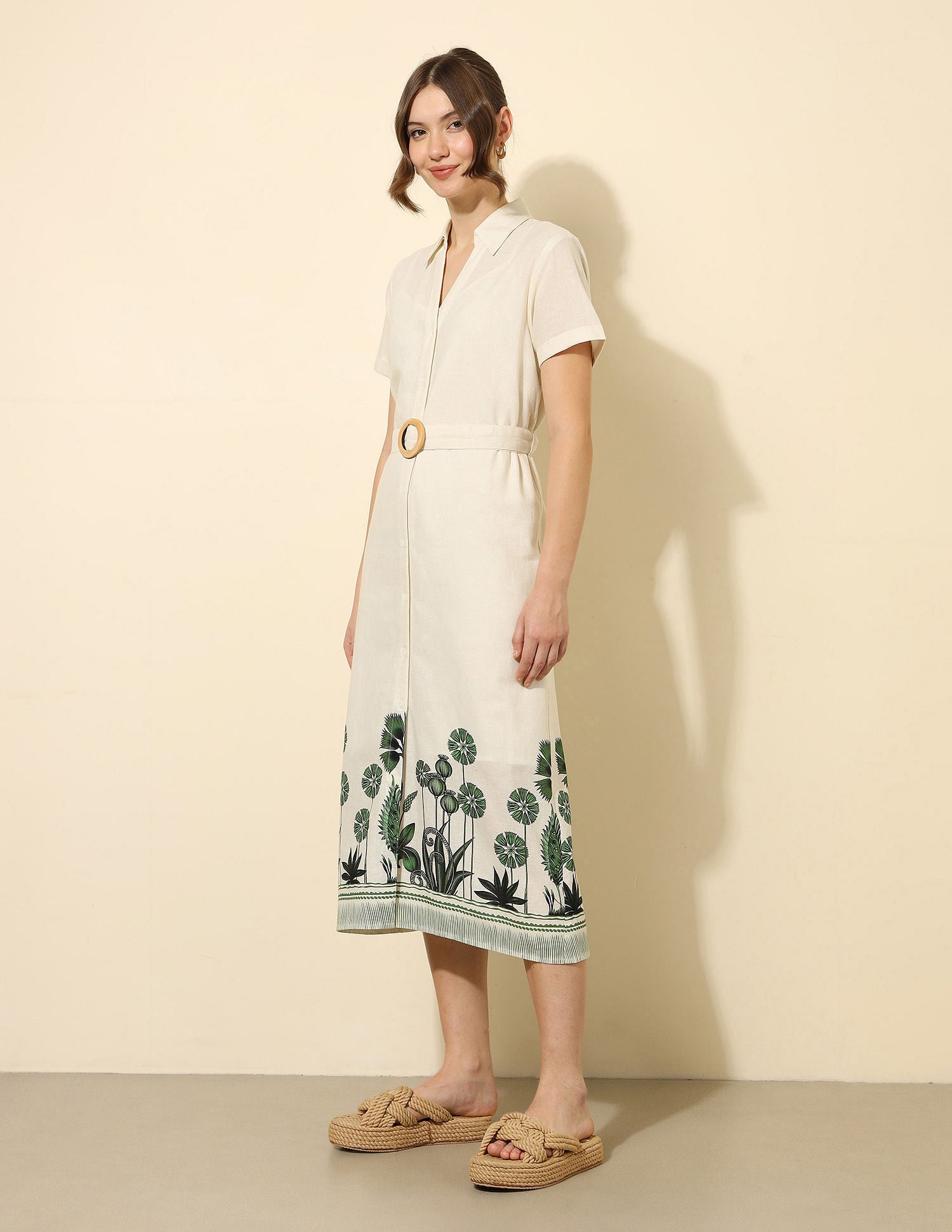 Floral Printed Midi Shirt Dress Ecru - U.S. Polo Assn. India | Large