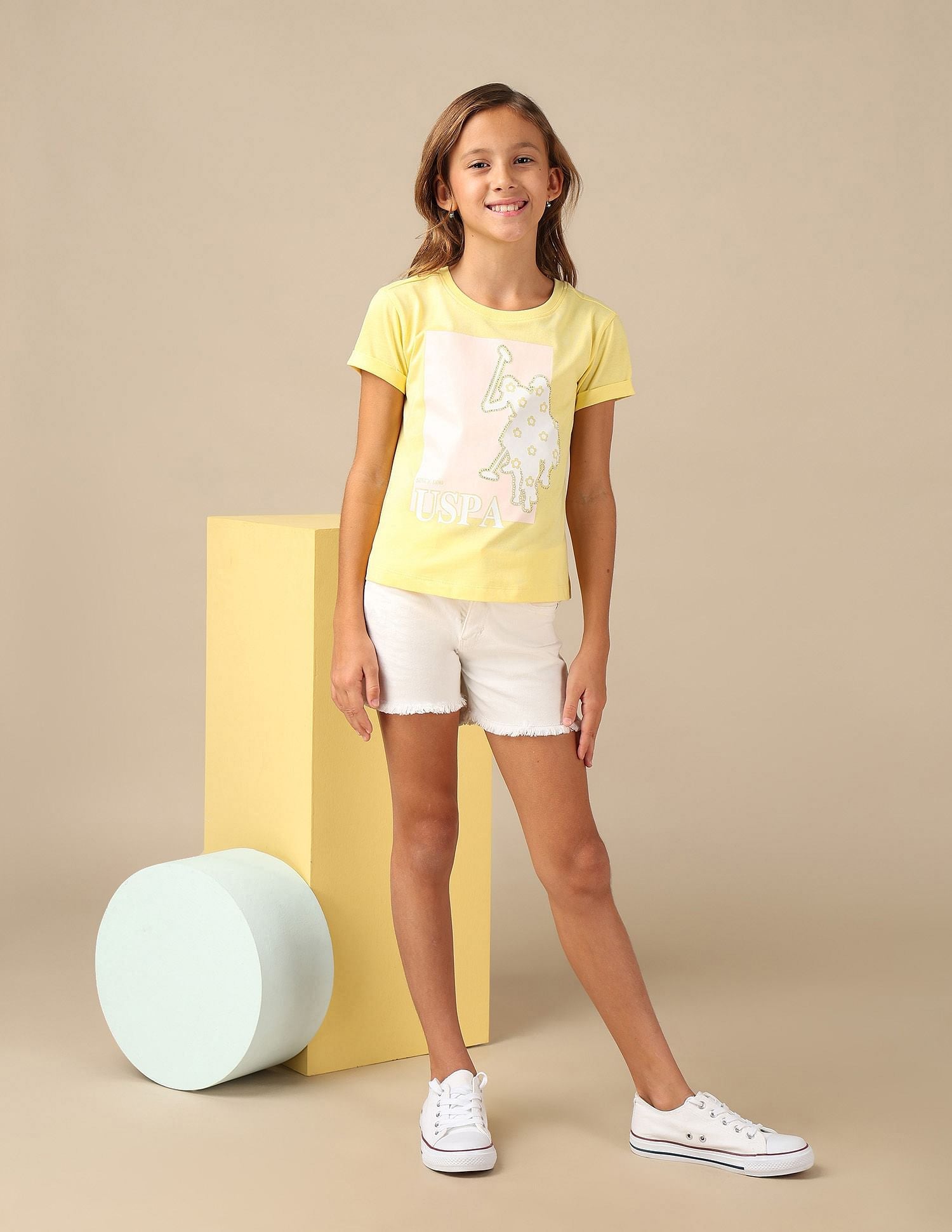 Girls Stud Detailed Relaxed Fit T-Shirt Yellow - U.S. POLO ASSN. | Large