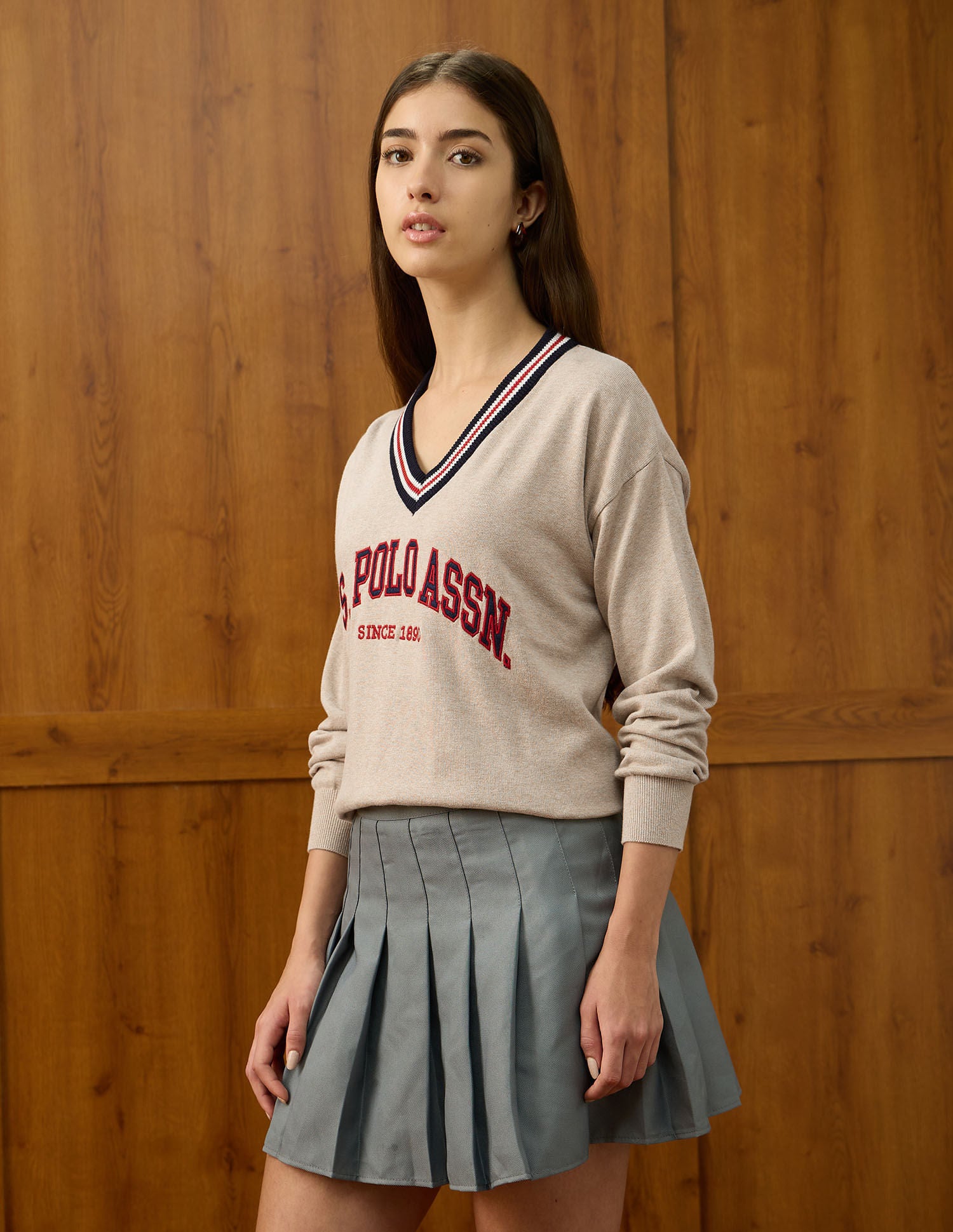 Relaxed Fit Brand Printed Sweater Beige - U.S. POLO ASSN. | Large