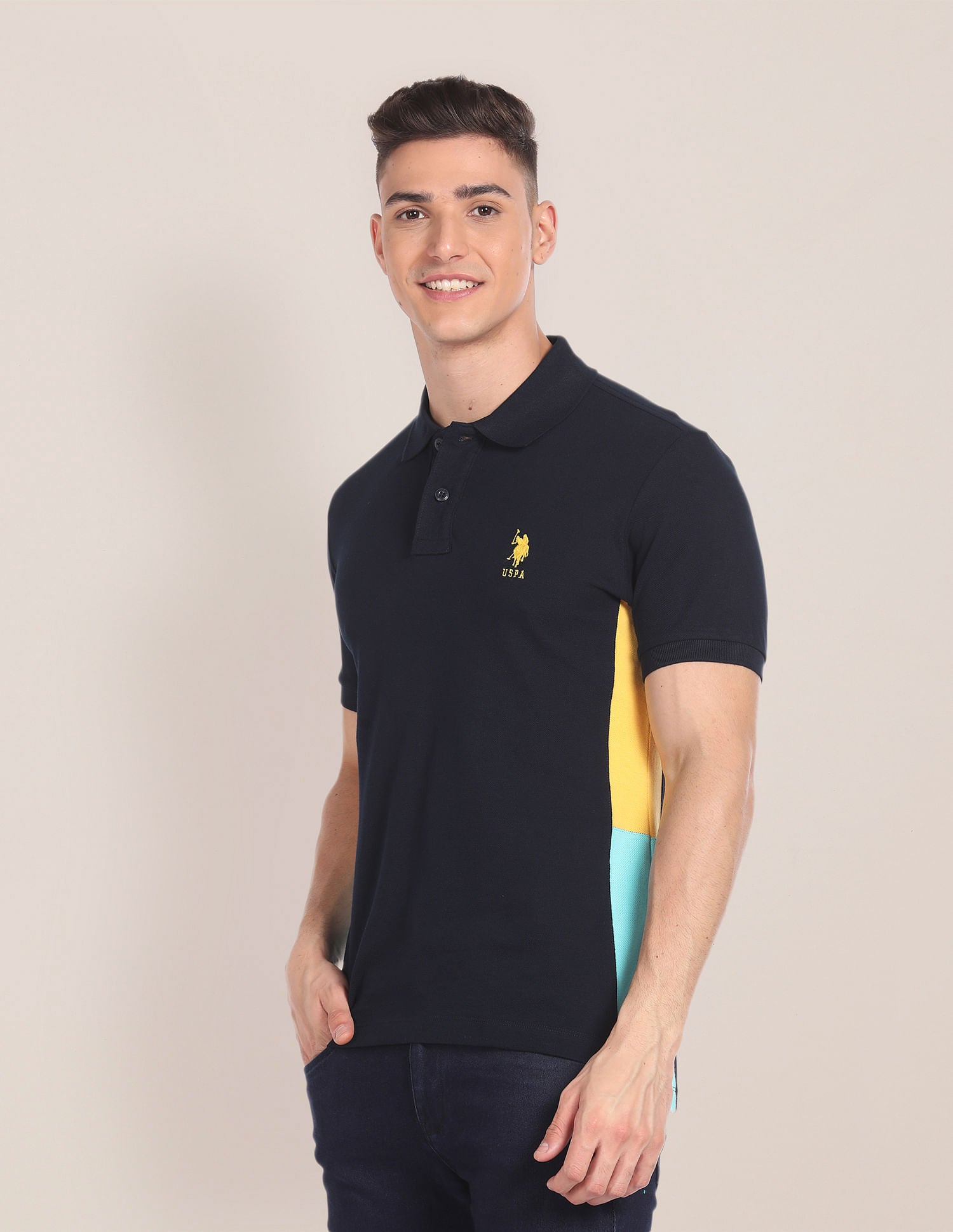 Colour Blocked Cotton Polo Shirt Navy - U.S. Polo Assn. India | Large