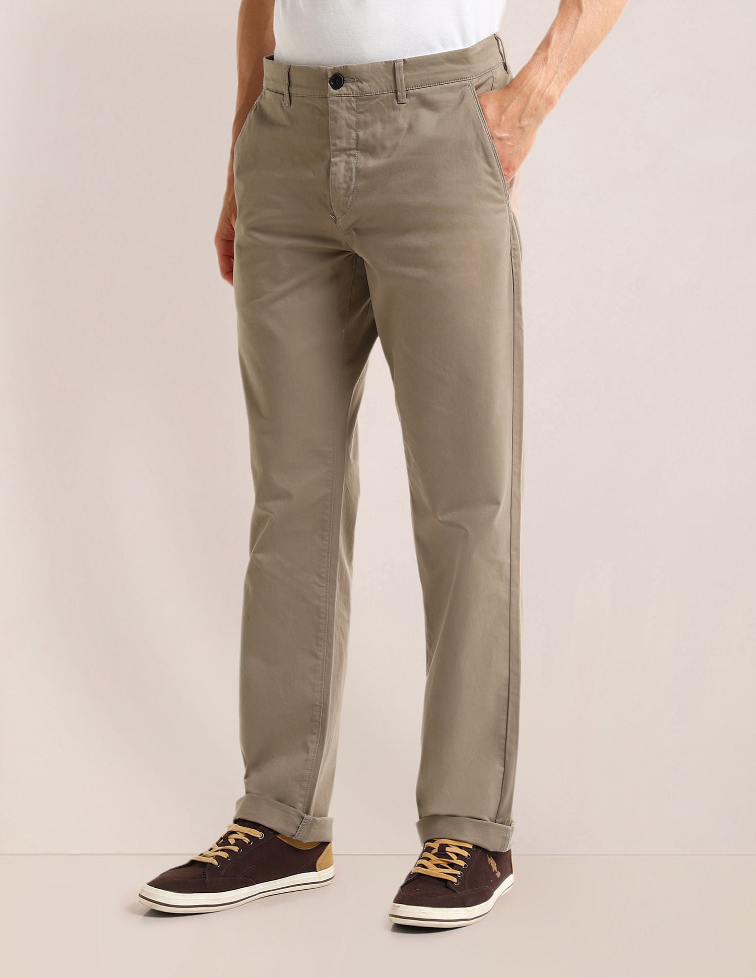 Riley Slim Fit Solid Trousers Taupe - U.S. Polo Assn. India | Large