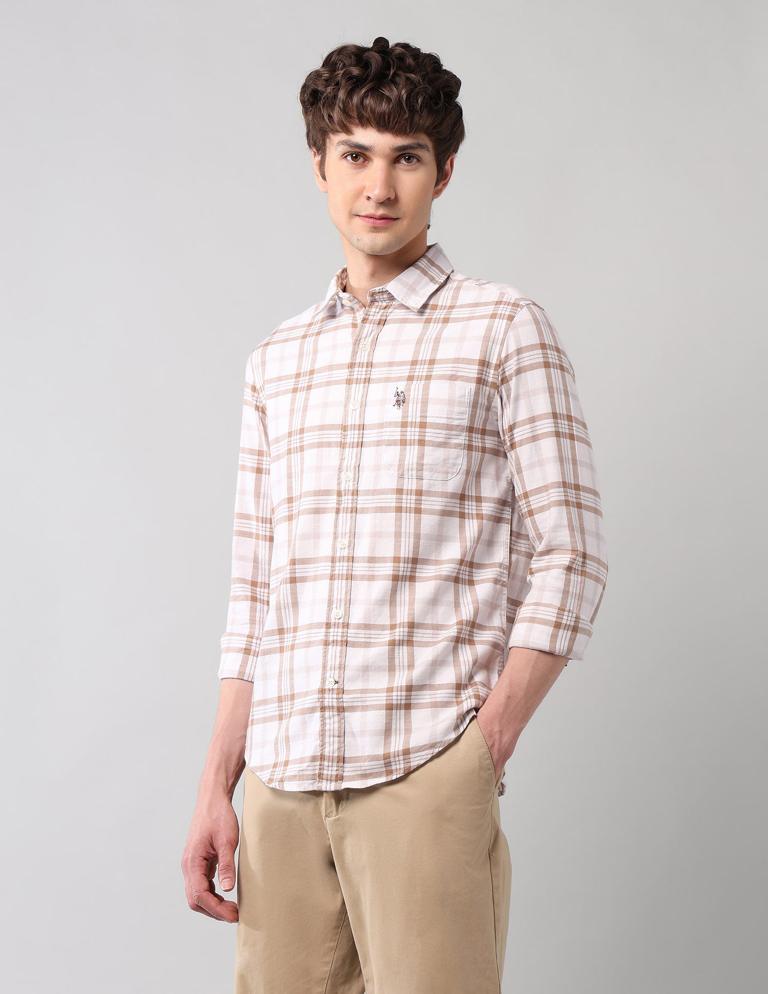 Plaid Checked Pure Cotton Shirt Khaki - U.S. Polo Assn. India | Large