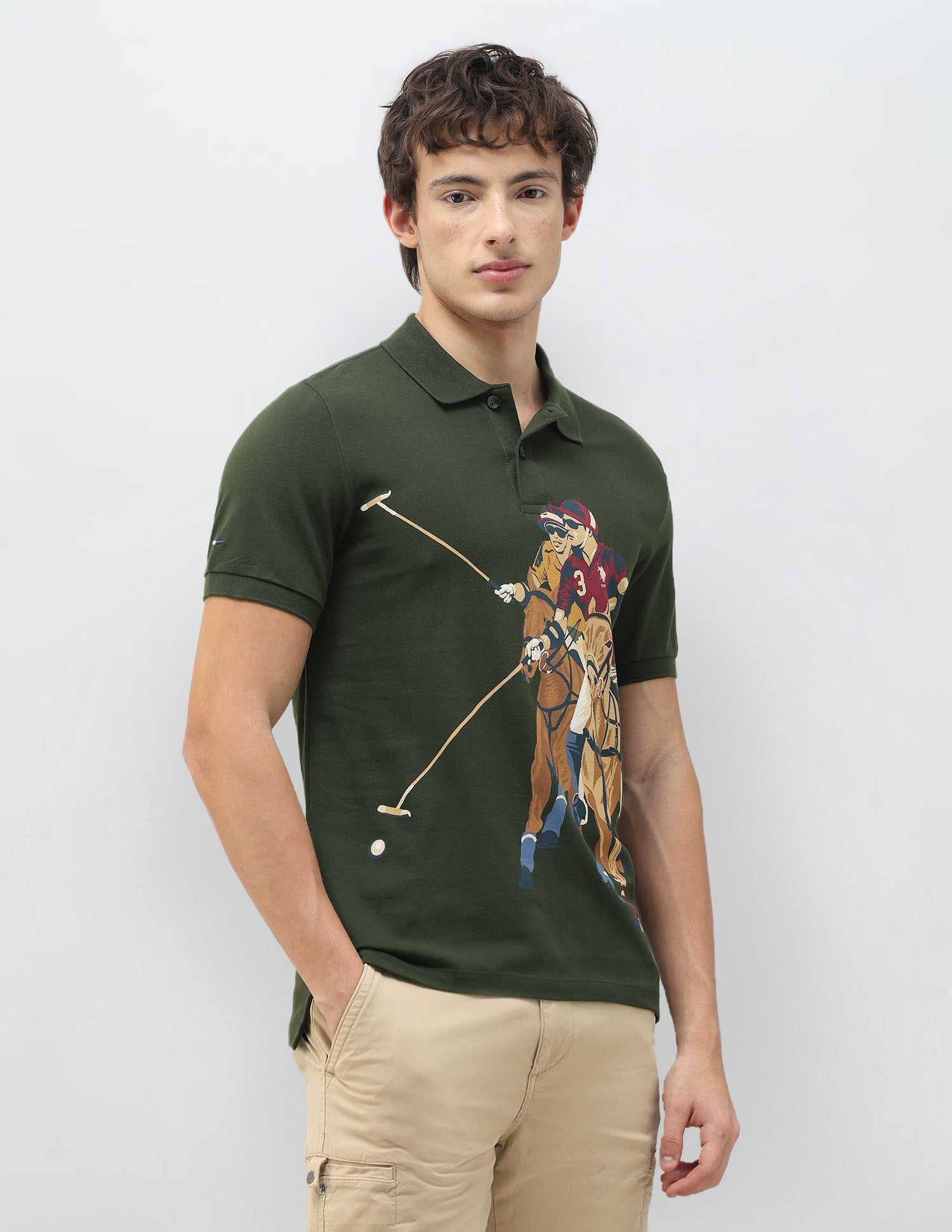 Motel On The Coast Graphic Brand Printed Polo Shirt Olive - U.S. Polo Assn. India | Large