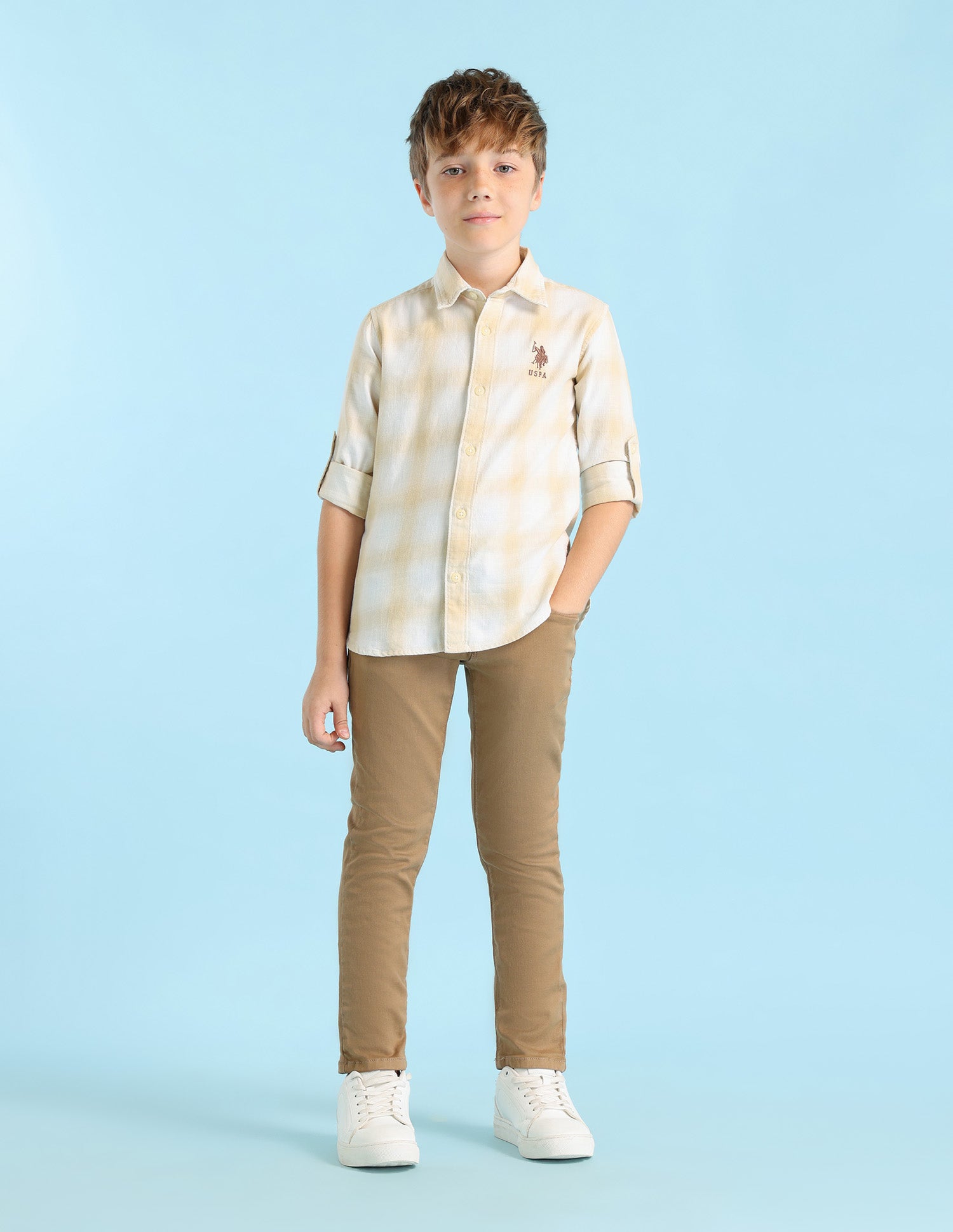 Boys Plaid Checked Regular Fit Shirt Beige - U.S. POLO ASSN. | Large