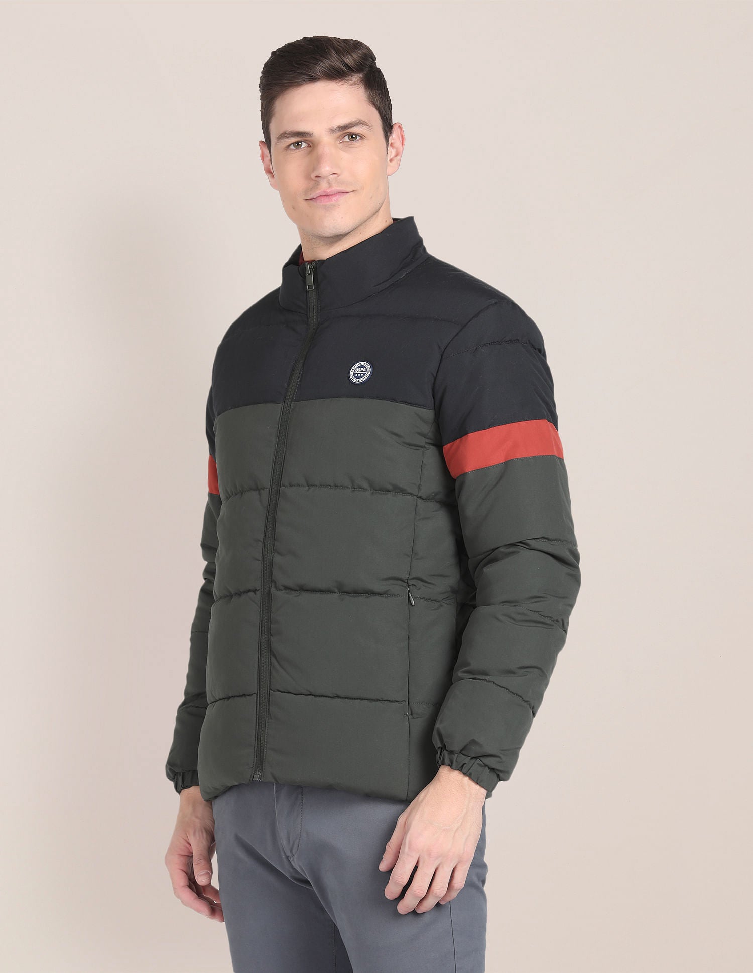 High Neck Colour Block Jacket Olive - U.S. Polo Assn. India | Large