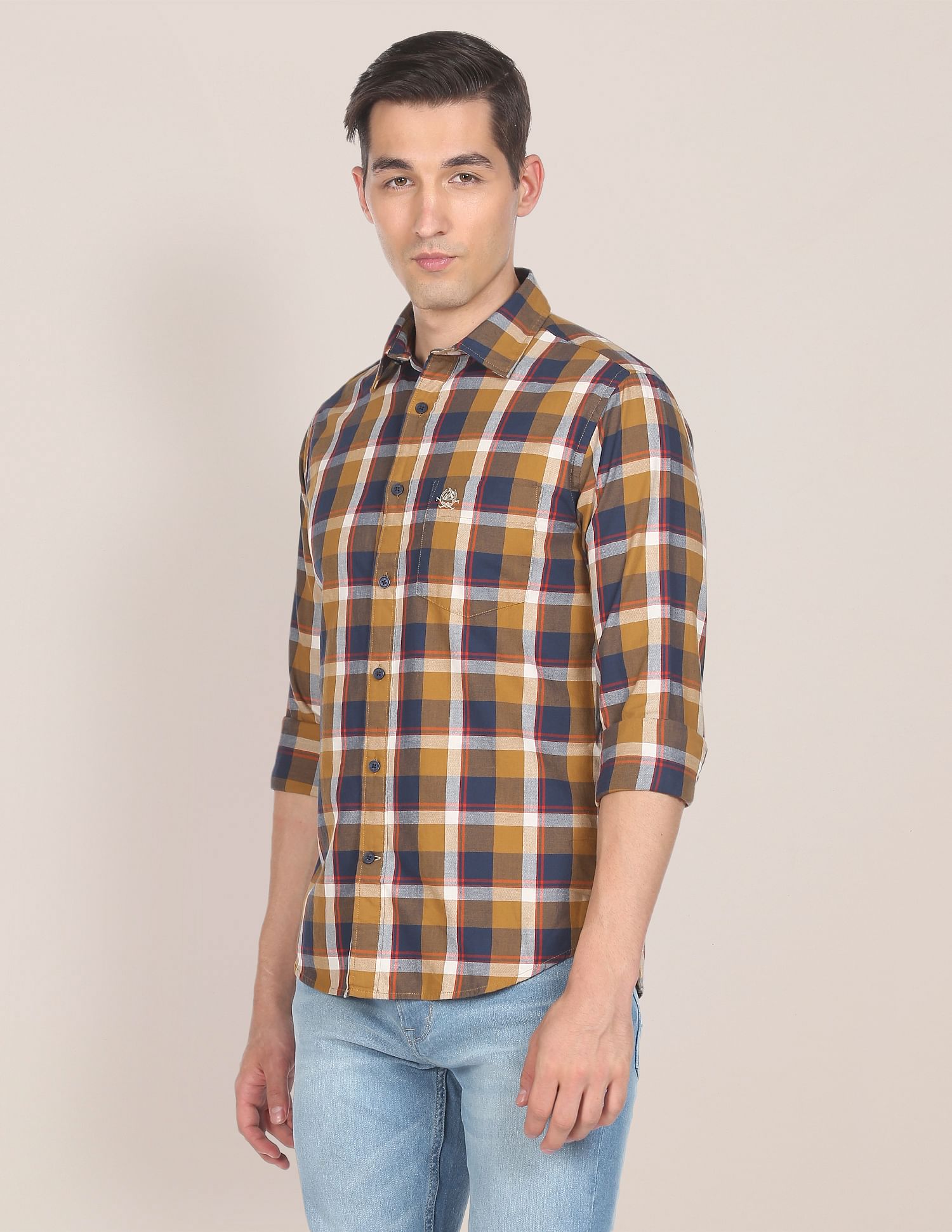 Men Brown Twill Weave Check Casual Shirt Brown - U.S. POLO ASSN. | Large