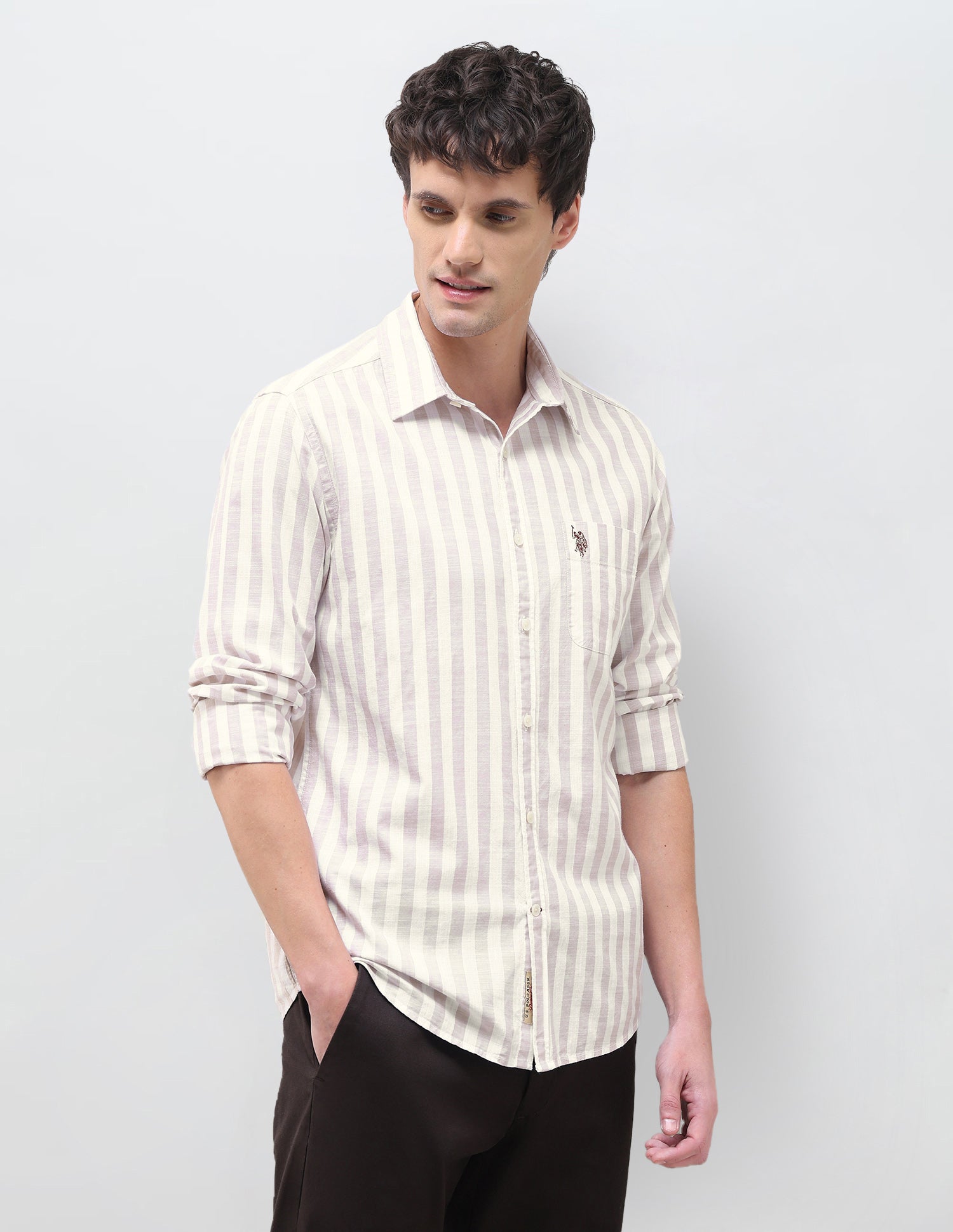 Vertical Striped Regular Fit Shirt Beige - U.S. Polo Assn. India | Large