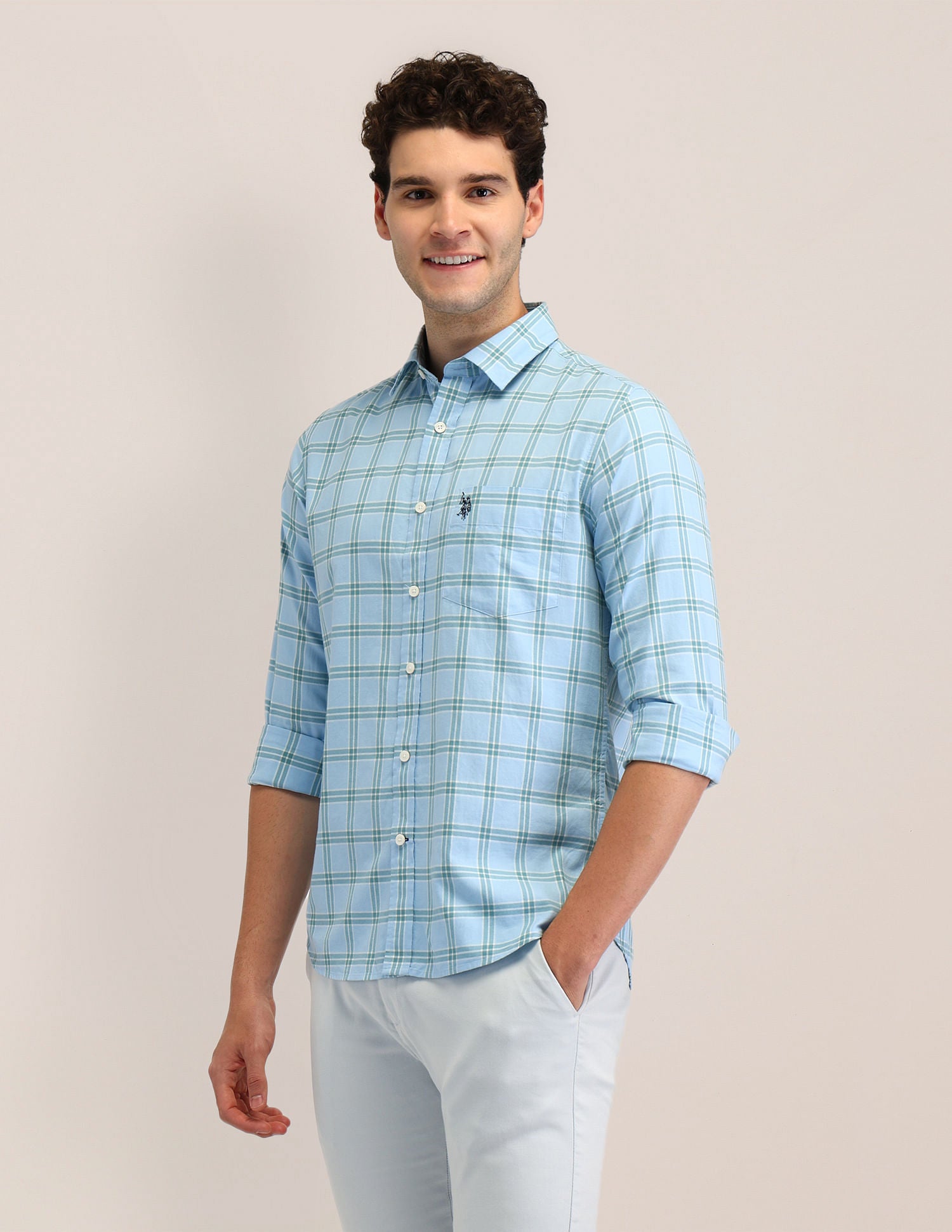 Tailored Fit Dobby Checked Shirt Light Blue - U.S. POLO ASSN. | Large