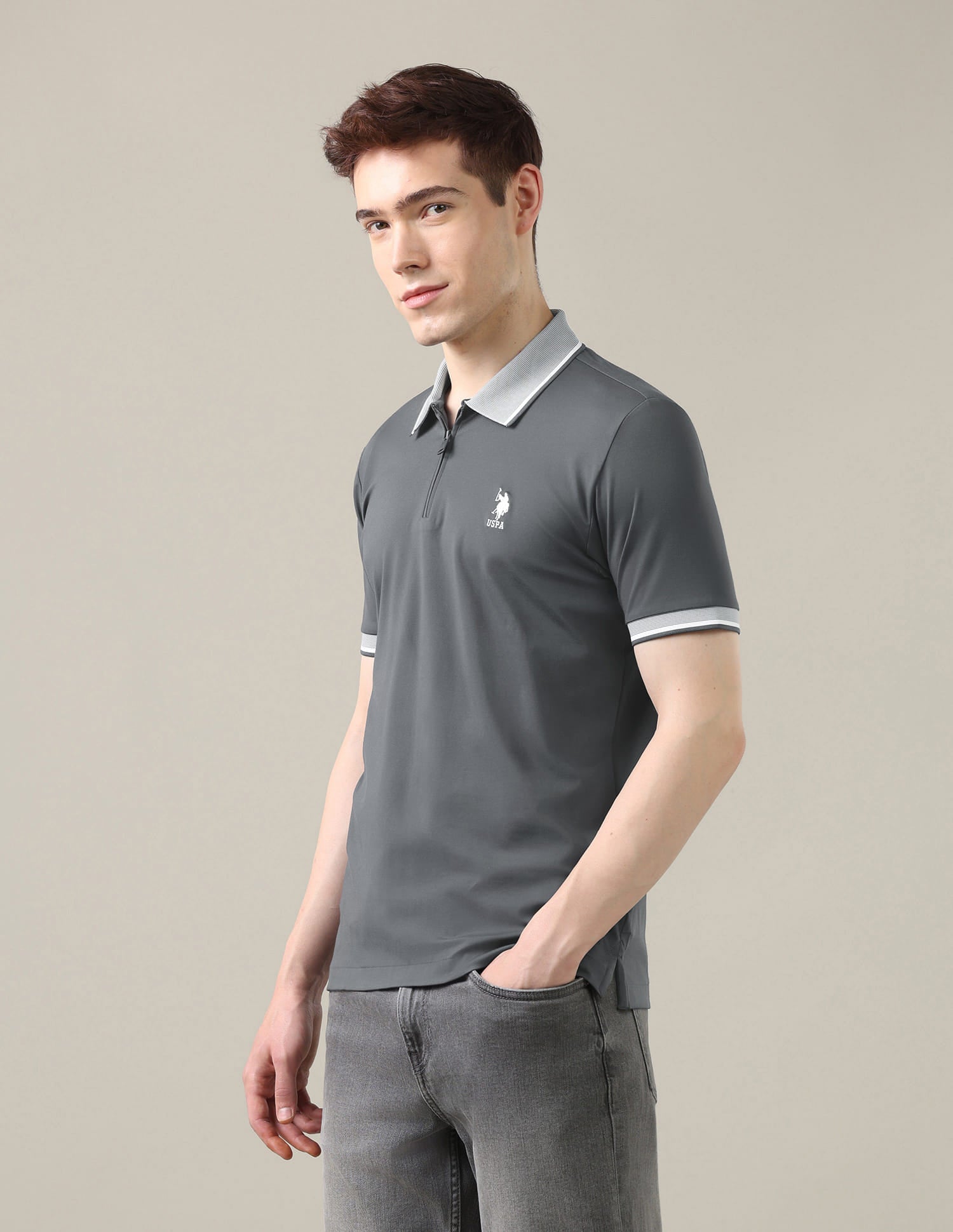 Solid Slim Fit Polo Shirt Grey - U.S. Polo Assn. India | Large