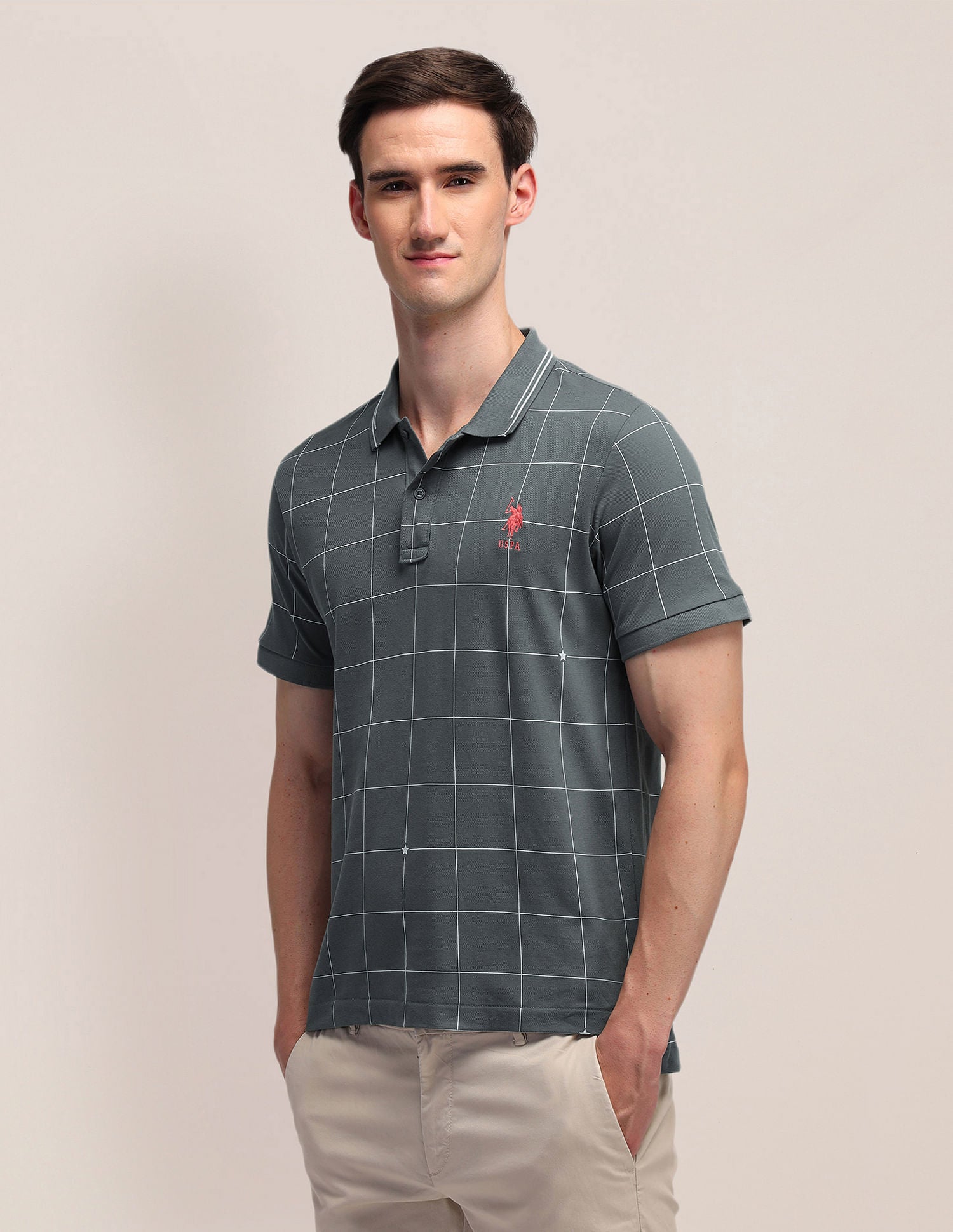 Pure Cotton Checked Slim Fit Polo Shirt Grey - U.S. Polo Assn. India | Large