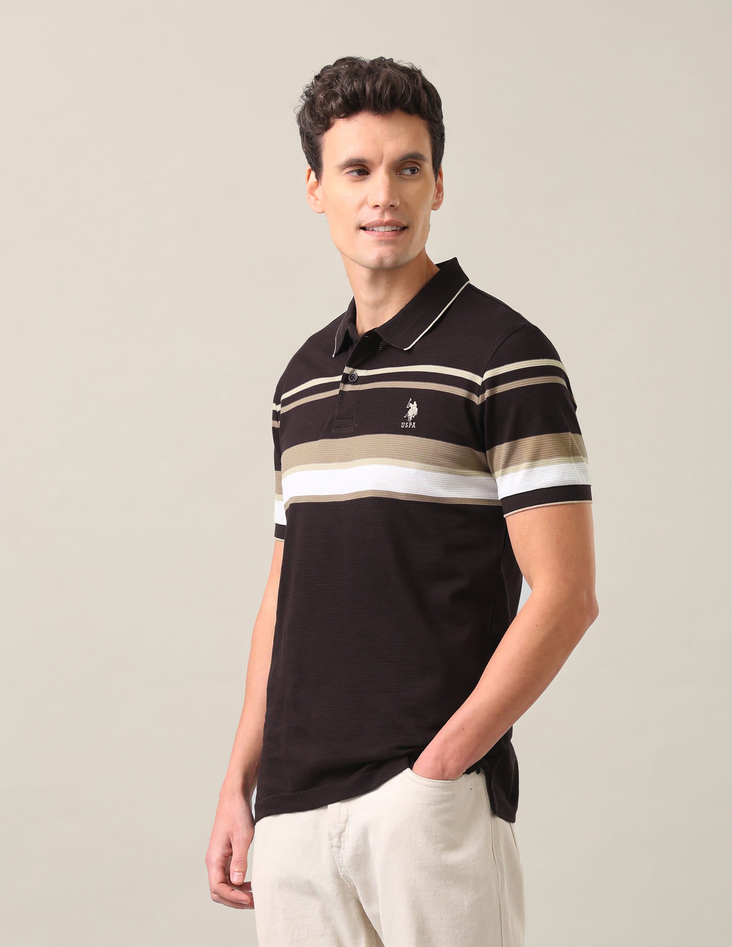Horizontal Striped Jacquard Slim Fit Polo Shirt Dark Brown - U.S. Polo Assn. India | Large