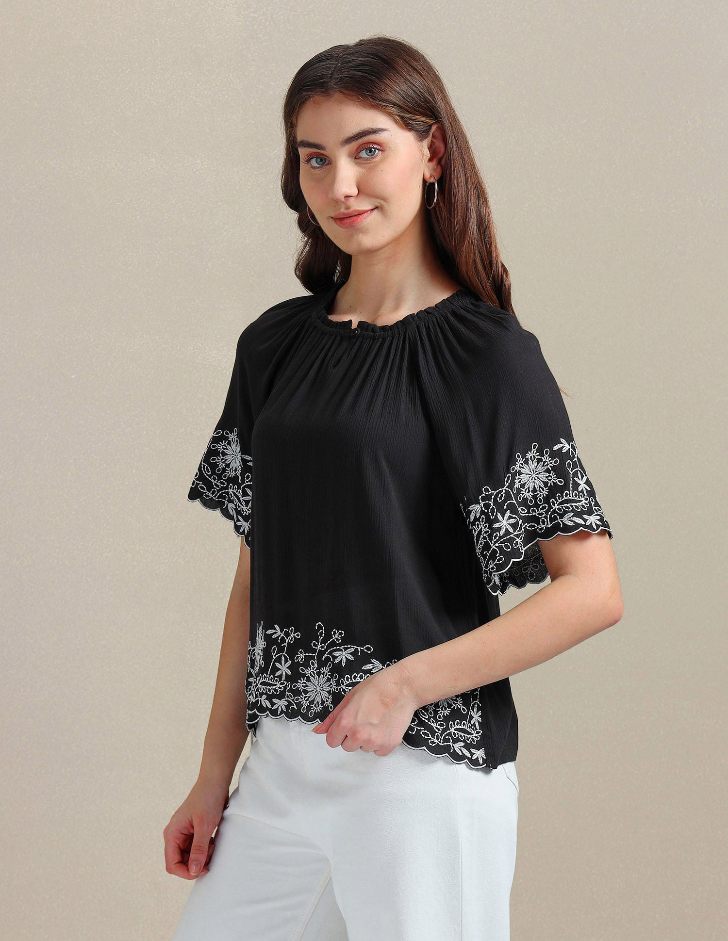 Crinkle Viscose Embroidered Top Black - U.S. Polo Assn. India | Large