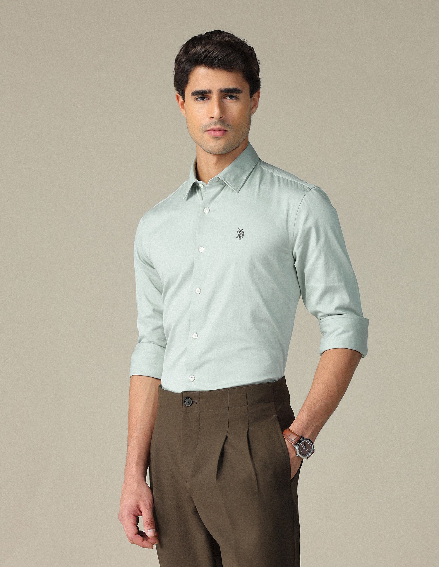 Pure Cotton Satin Shirt Green - U.S. POLO ASSN. | Large
