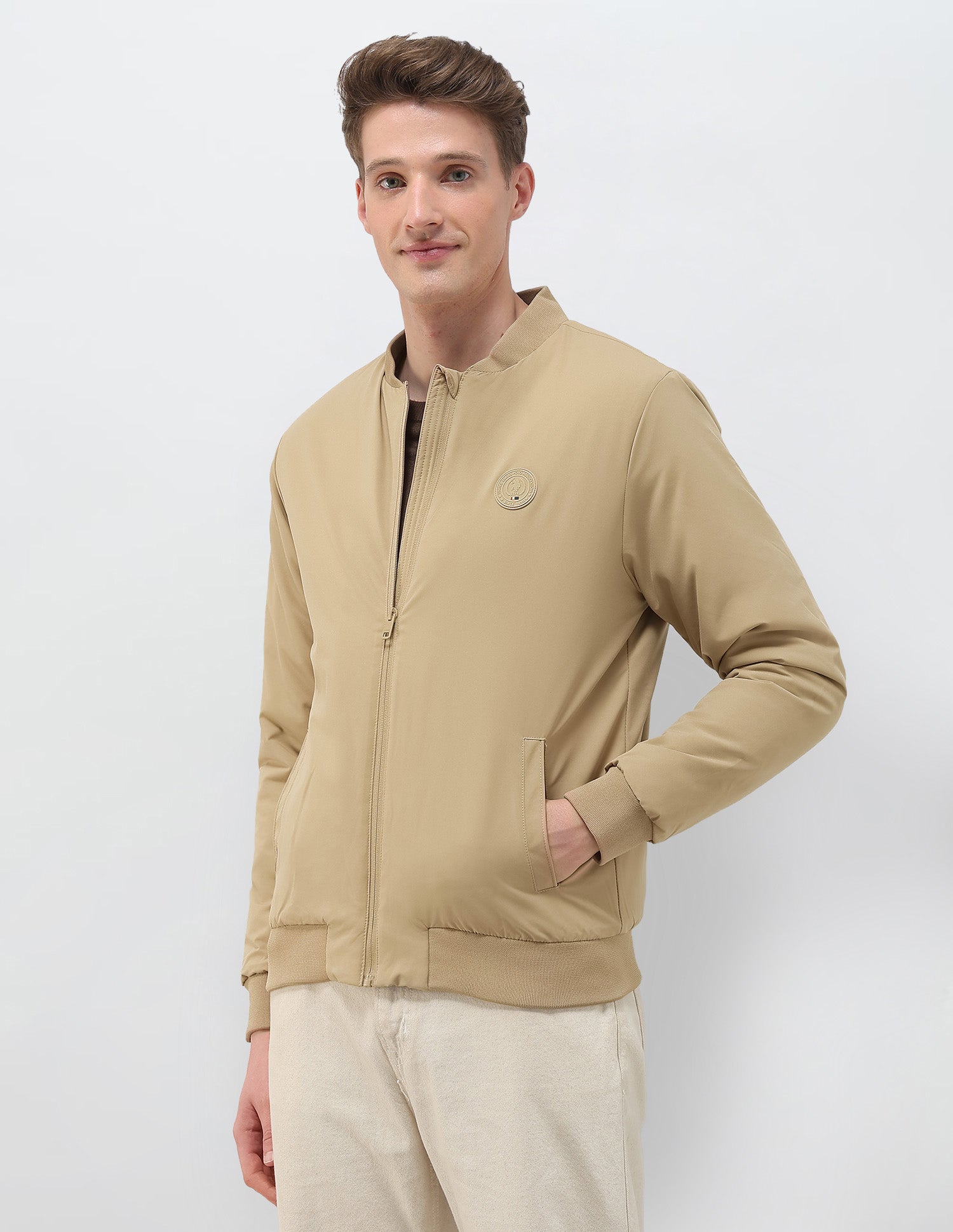 Solid Regular Fit Bomber Jacket Khaki - U.S. Polo Assn. India | Large