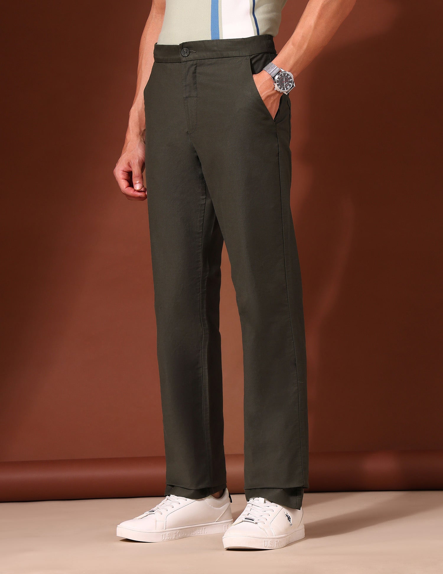 Riley Straight Fit Twill Trousers Olive - U.S. Polo Assn. India | Large