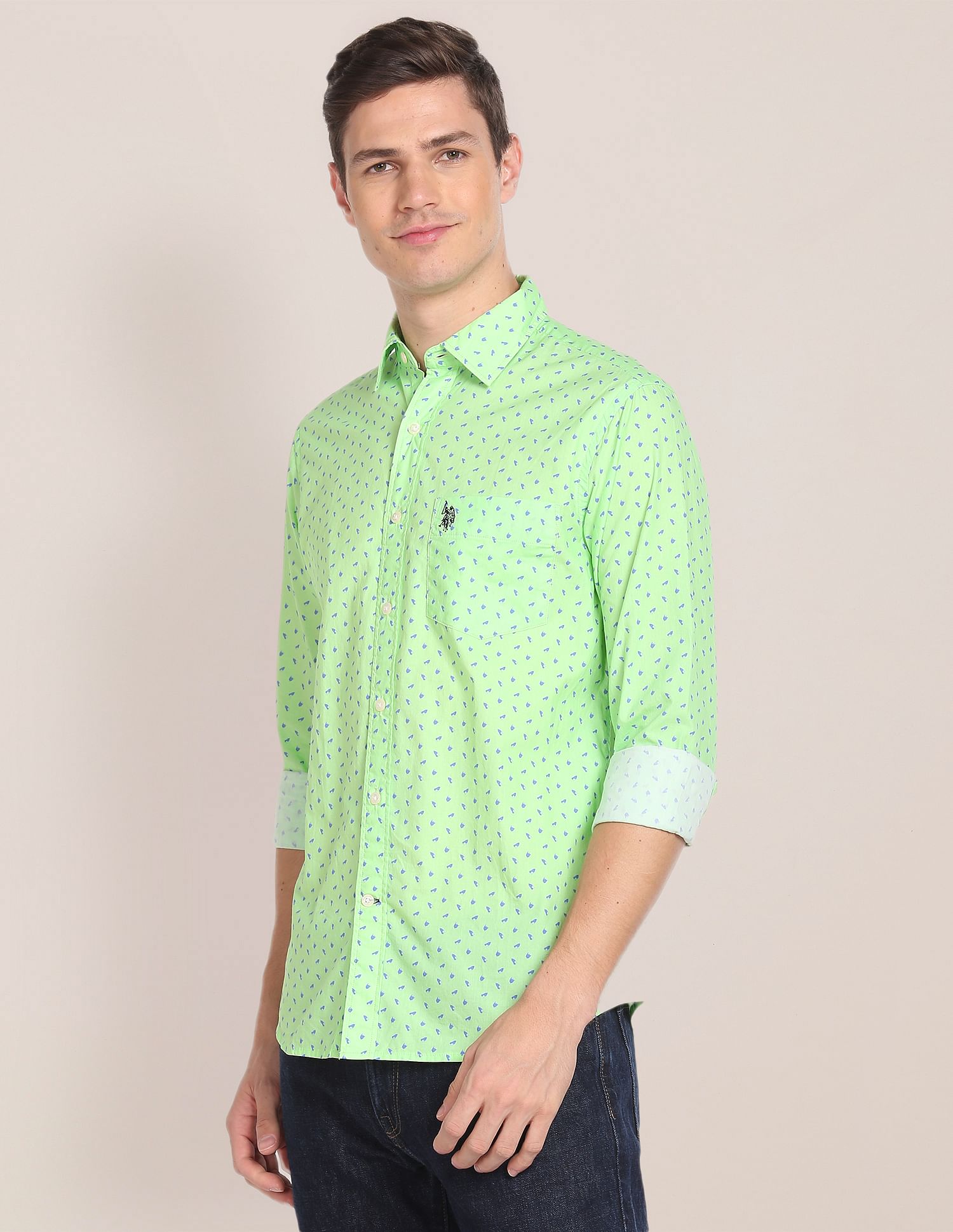 Rounded Cuff Cotton Printed Casual Shirt Green - U.S. Polo Assn. India | Large