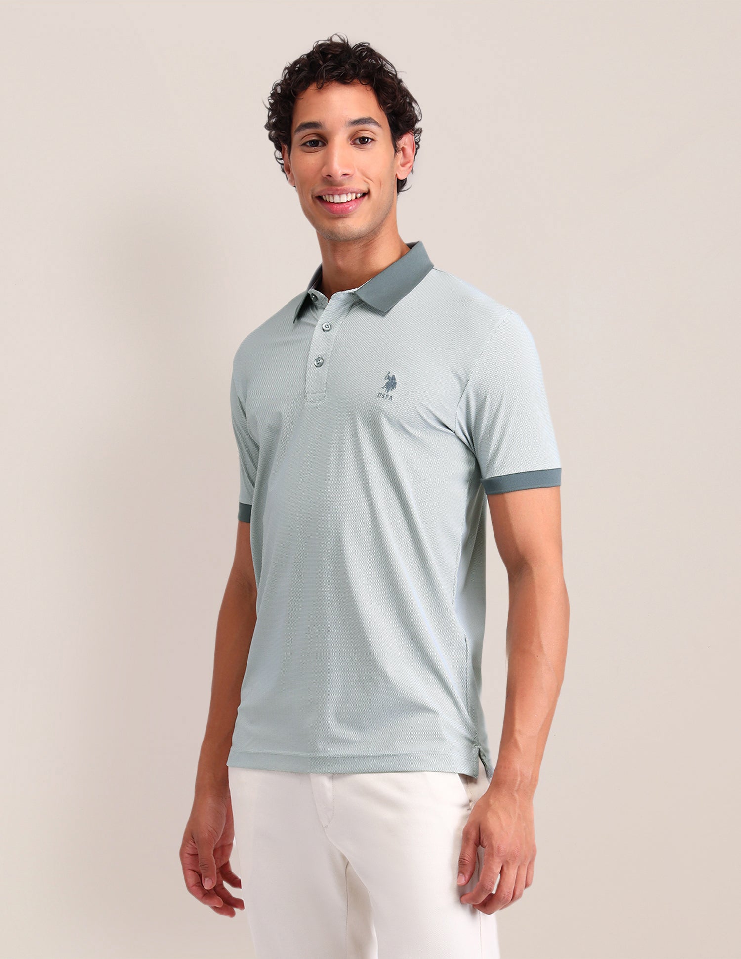 Geometric Printed Slim Fit Polo Shirt Light Olive - U.S. Polo Assn. India | Large