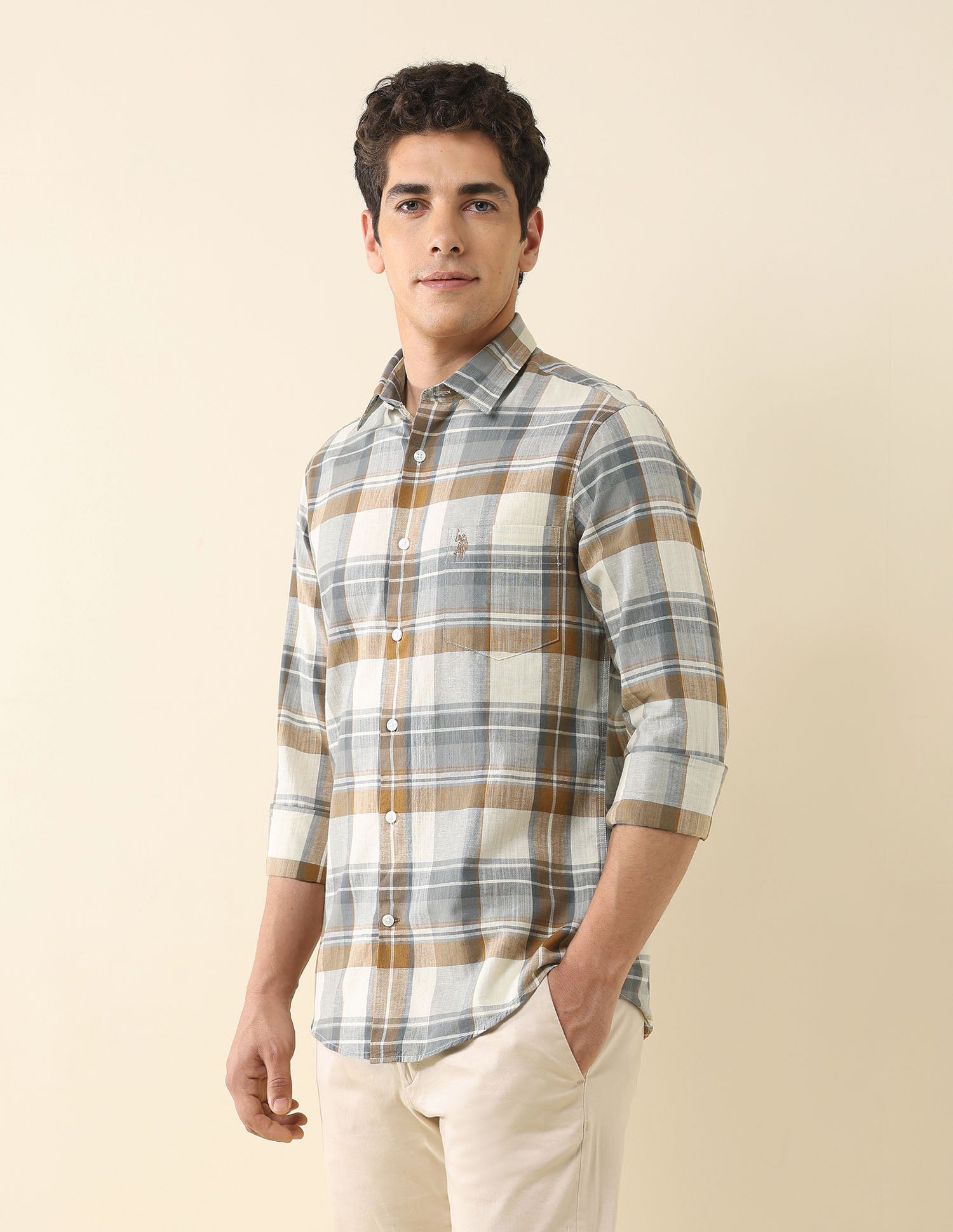 Plaid Checked Tailored Fit Shirt Beige - U.S. Polo Assn. India | Large