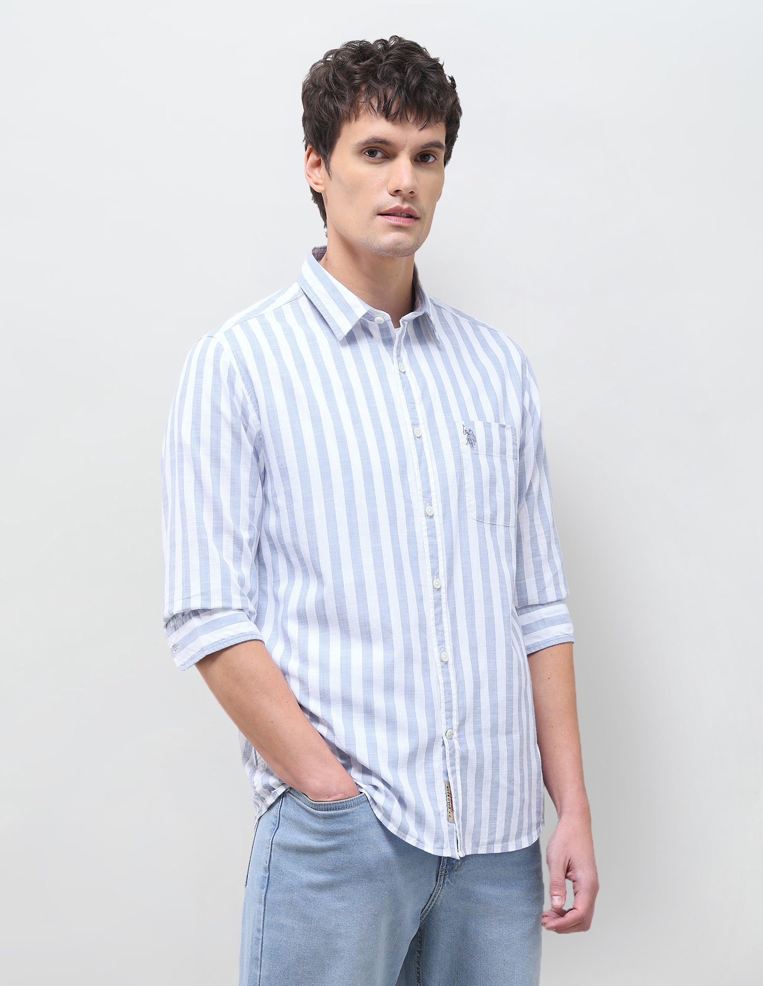 Vertical Striped Regular Fit Shirt Light Blue - U.S. Polo Assn. India | Large