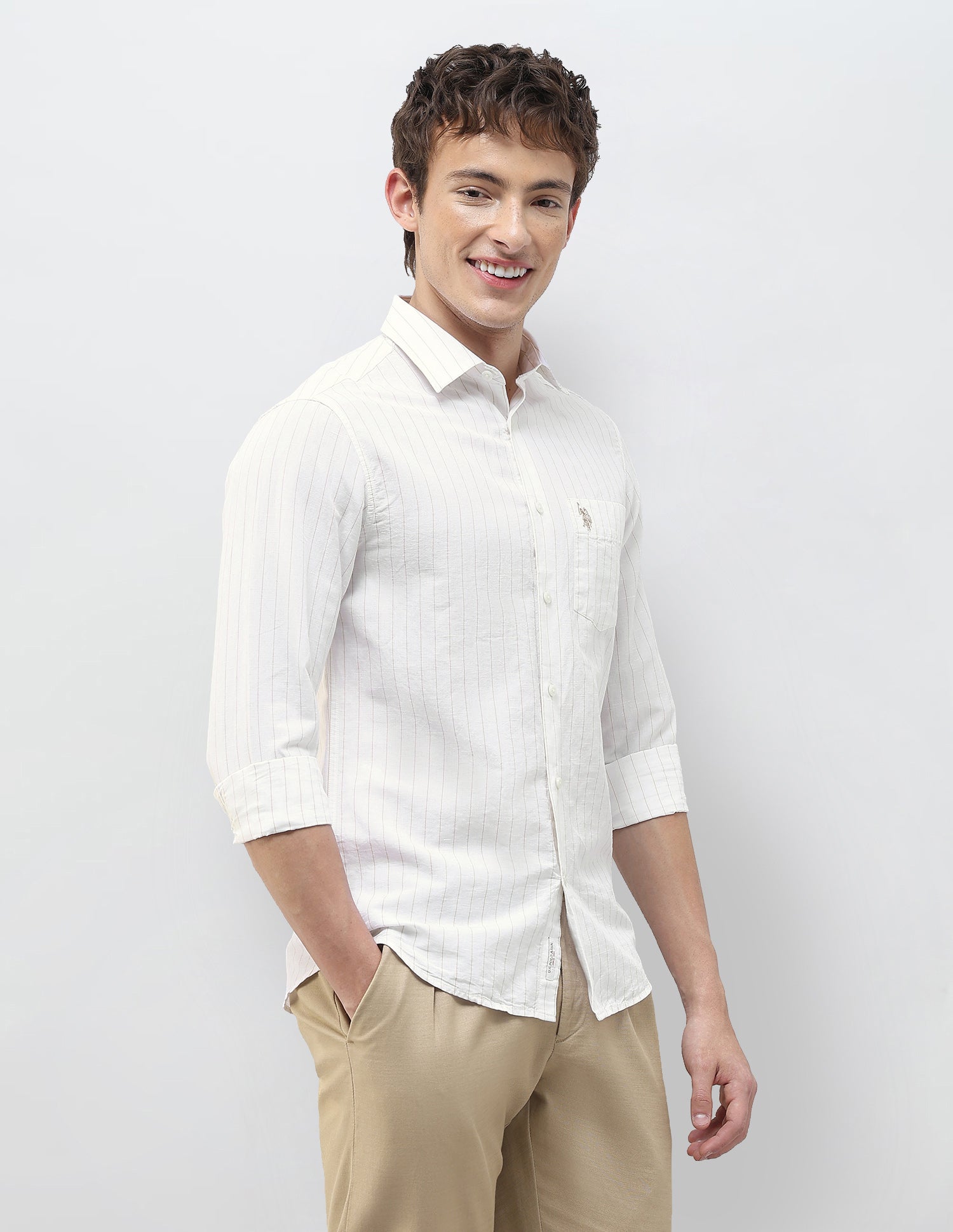 Vertical Striped Regular Fit Shirt Beige - U.S. Polo Assn. India | Large