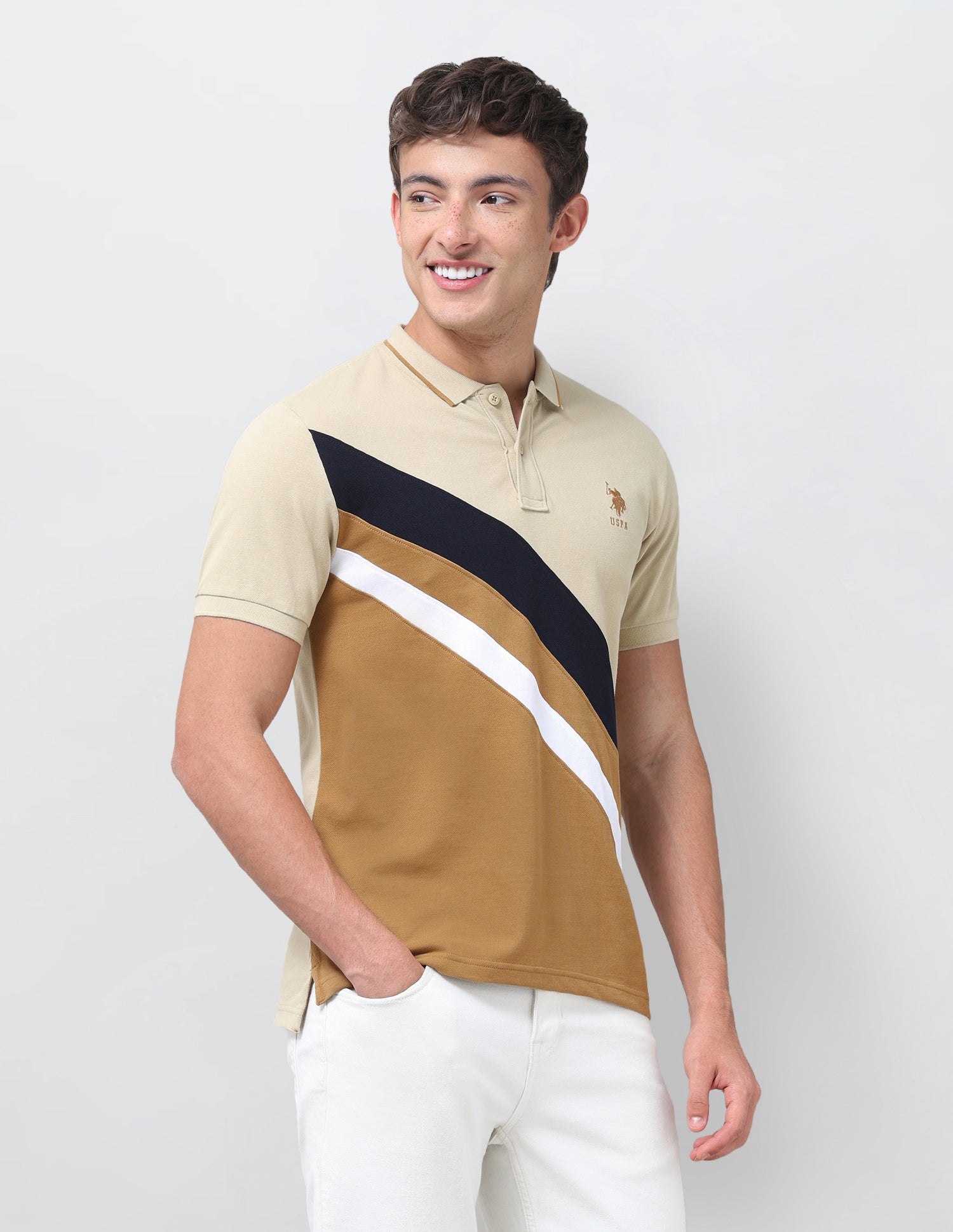 Colourblocked Regular Fit Polo Shirt Beige - U.S. Polo Assn. India | Large