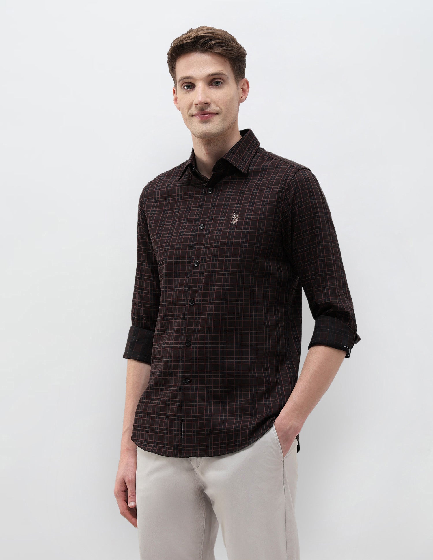 Graph Checked Tailored Fit Shirt Brown - U.S. POLO ASSN. | Large