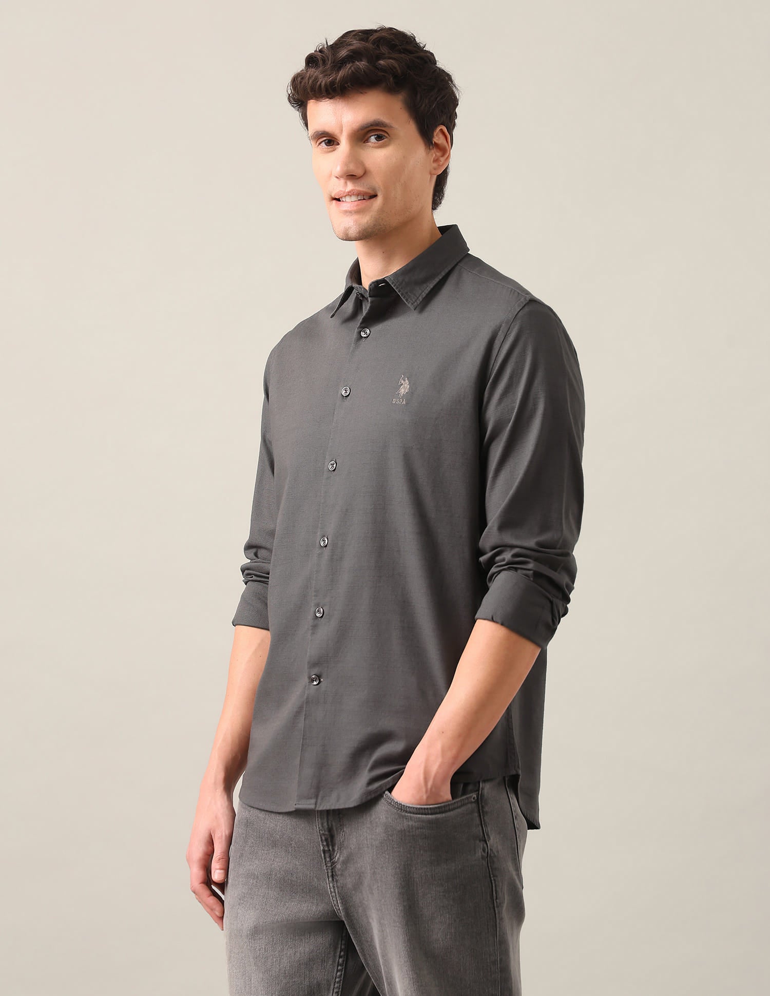 Solid Regular Fit Shirt Grey - U.S. Polo Assn. India | Large