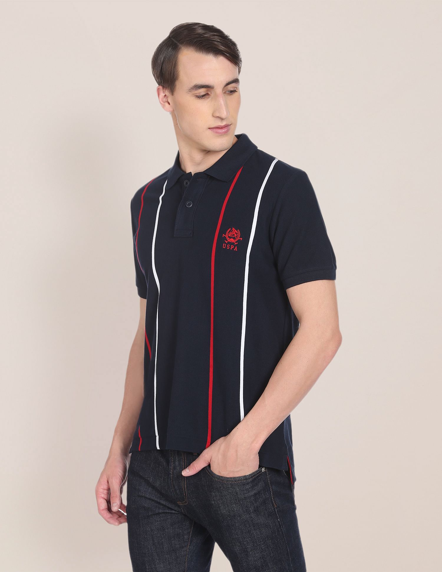 Ribbed Collar Vertical Stripe Polo Shirt Navy - U.S. POLO ASSN. | Large