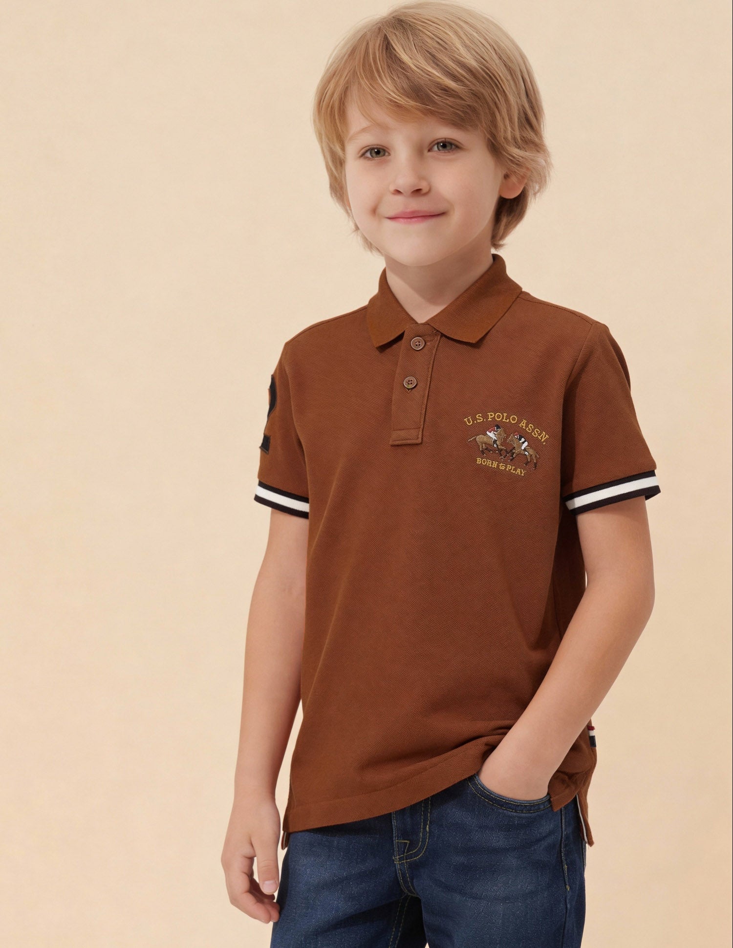 Boys Solid Regular Fit Polo Shirt Light Brown - U.S. Polo Assn. India | Large