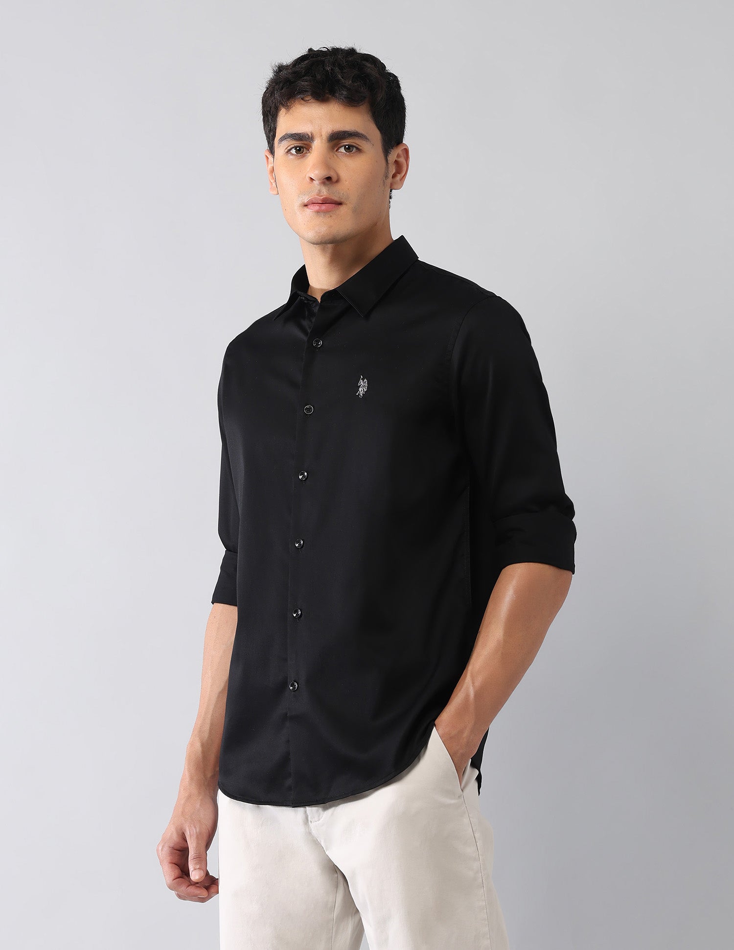Solid Satin Regular Fit Shirt Black - U.S. Polo Assn. India | Large