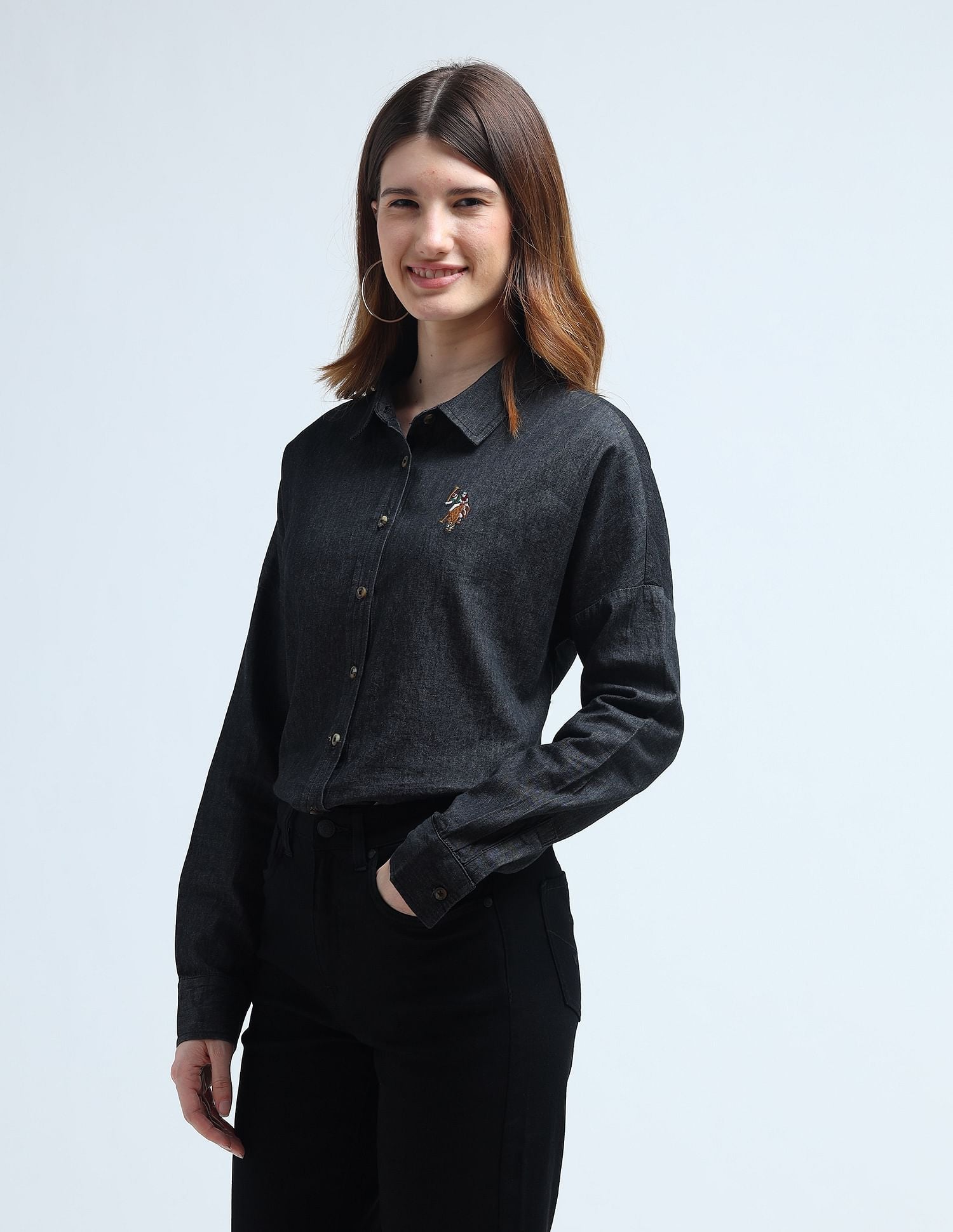 Washed Pattern Loose Denim Shirt Black - U.S. POLO ASSN. | Large