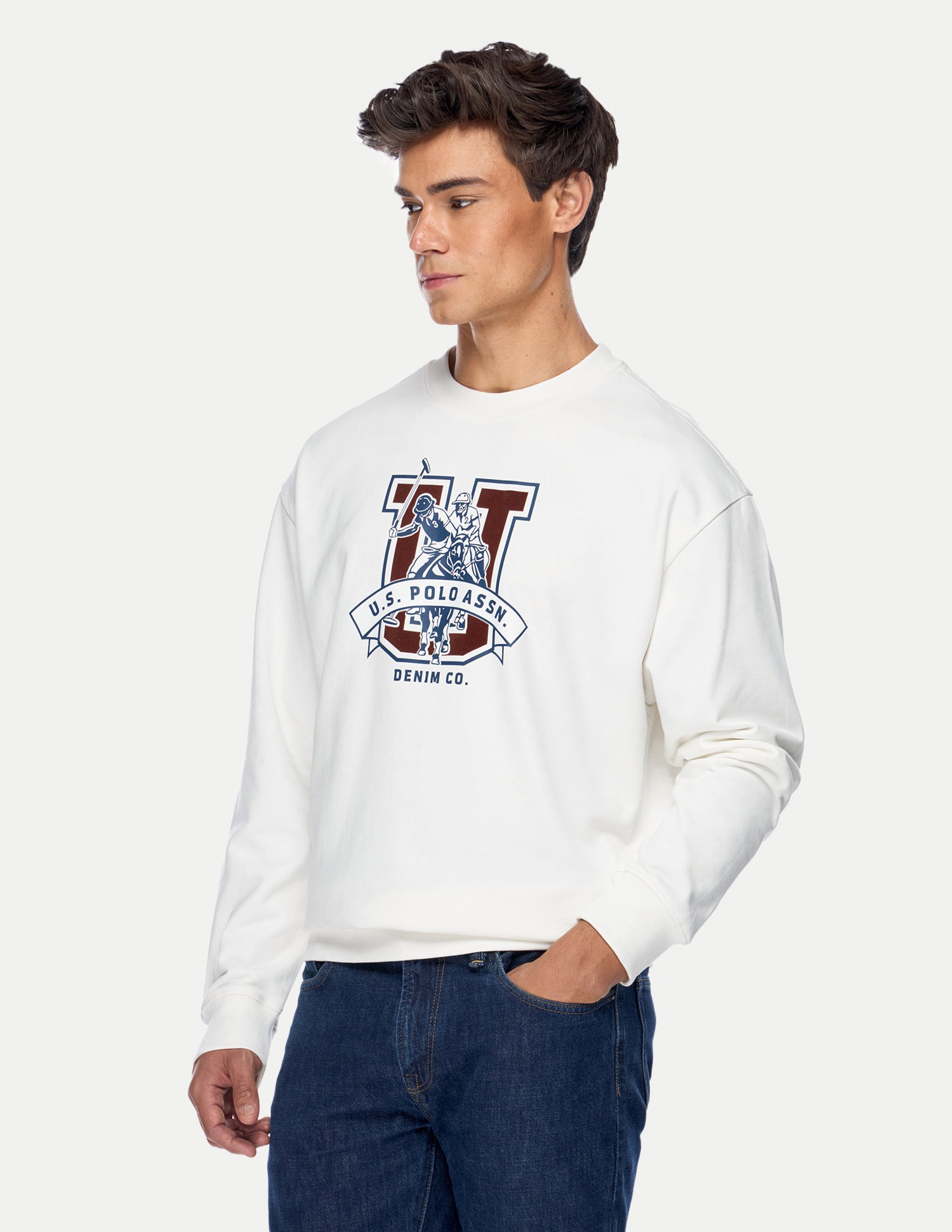 Brand Printed Relaxed Fit Sweatshirt Ivory - U.S. Polo Assn. India | Large