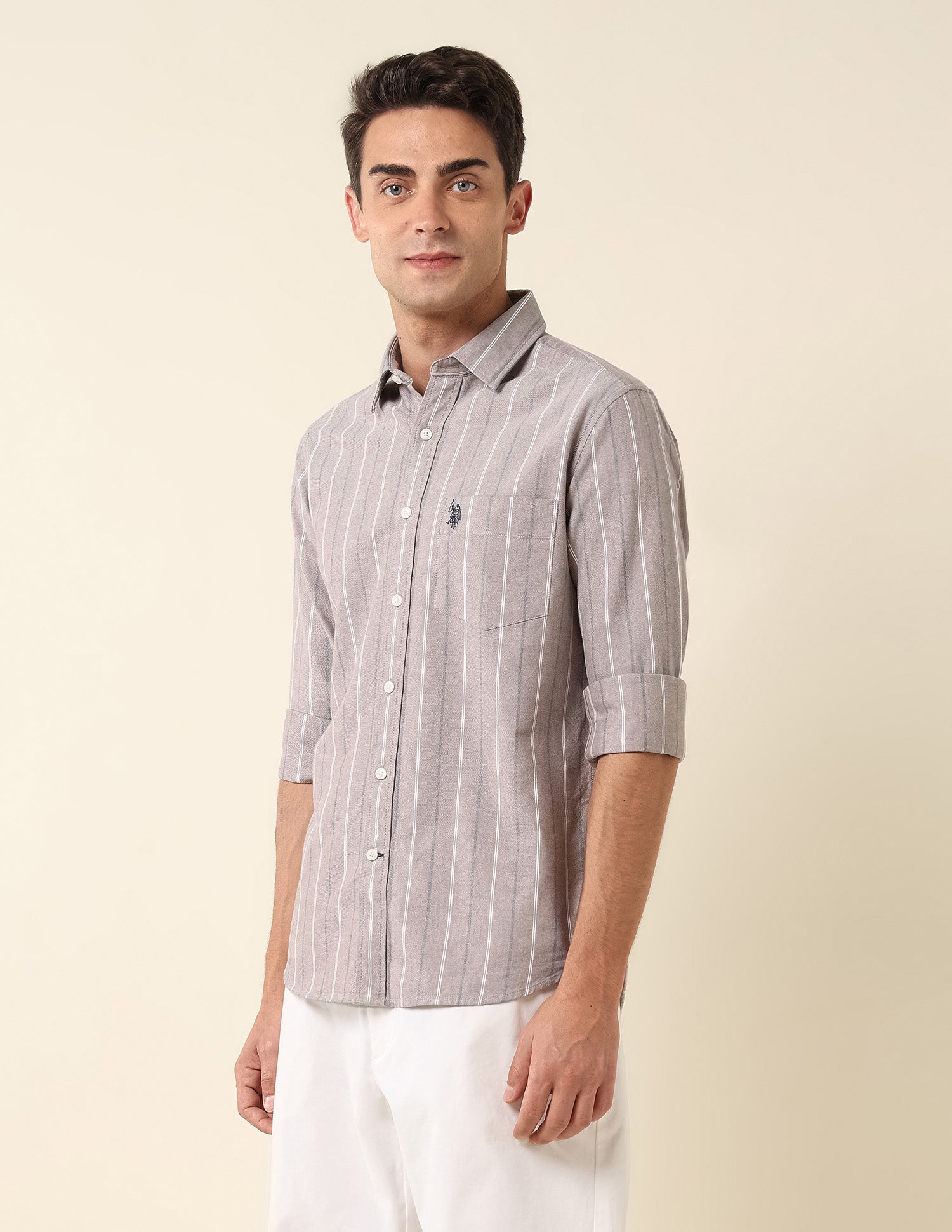 Tailored Fit Vertical Striped Shirt Light Brown - U.S. Polo Assn. India | Large