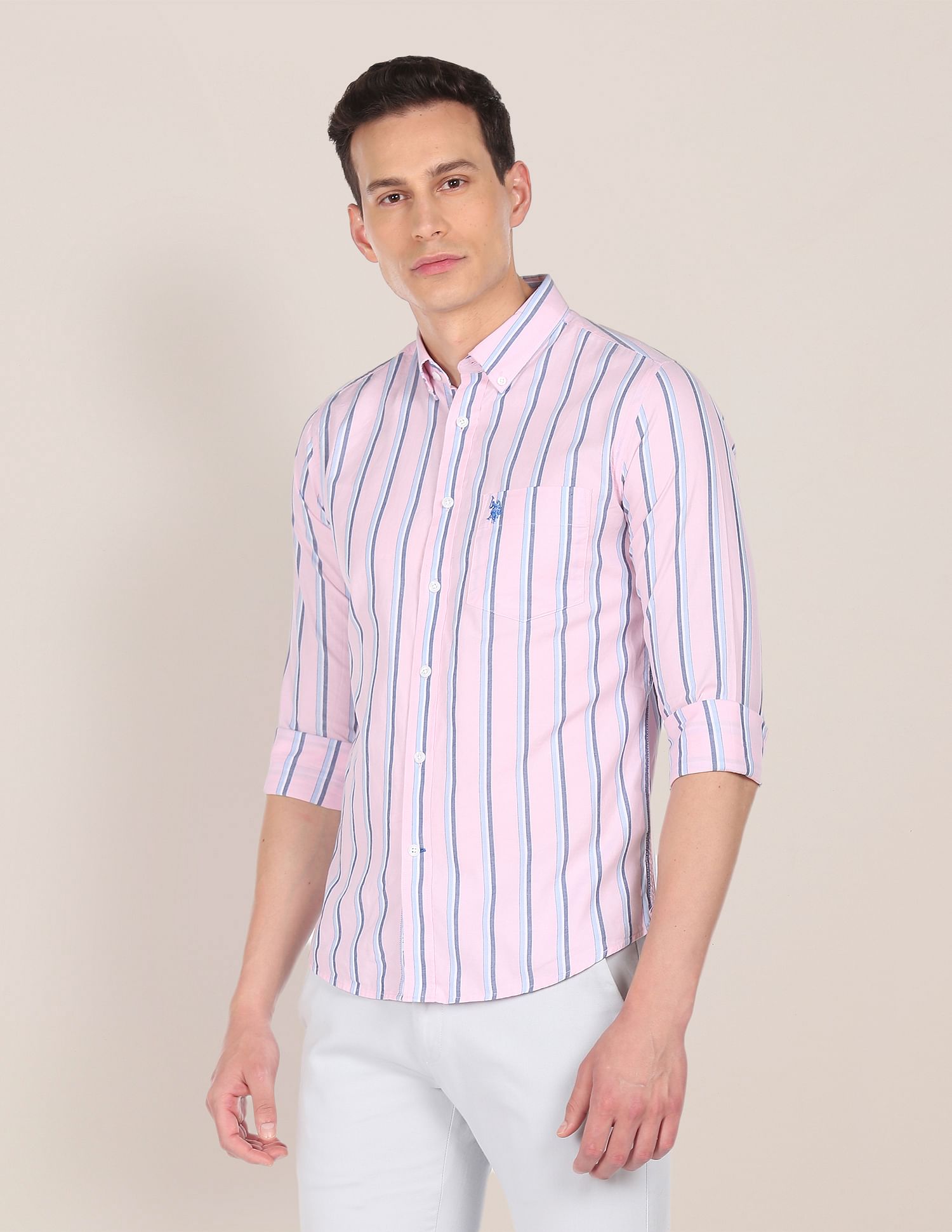 Premium Cotton Striped Casual Shirt Light Pink - U.S. Polo Assn. India | Large