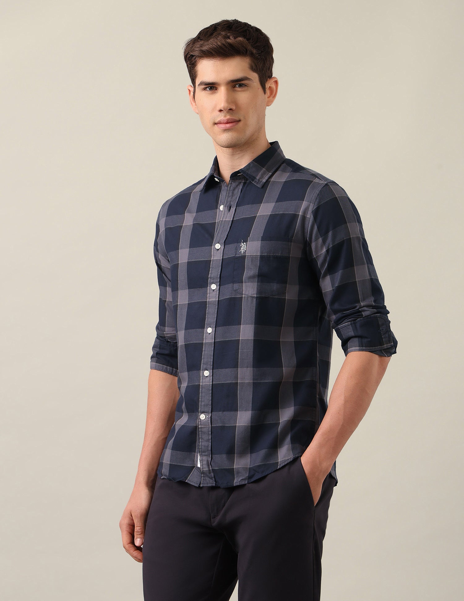 Grid Tattersall Checked Twill Shirt Dark Grey - U.S. Polo Assn. India | Large