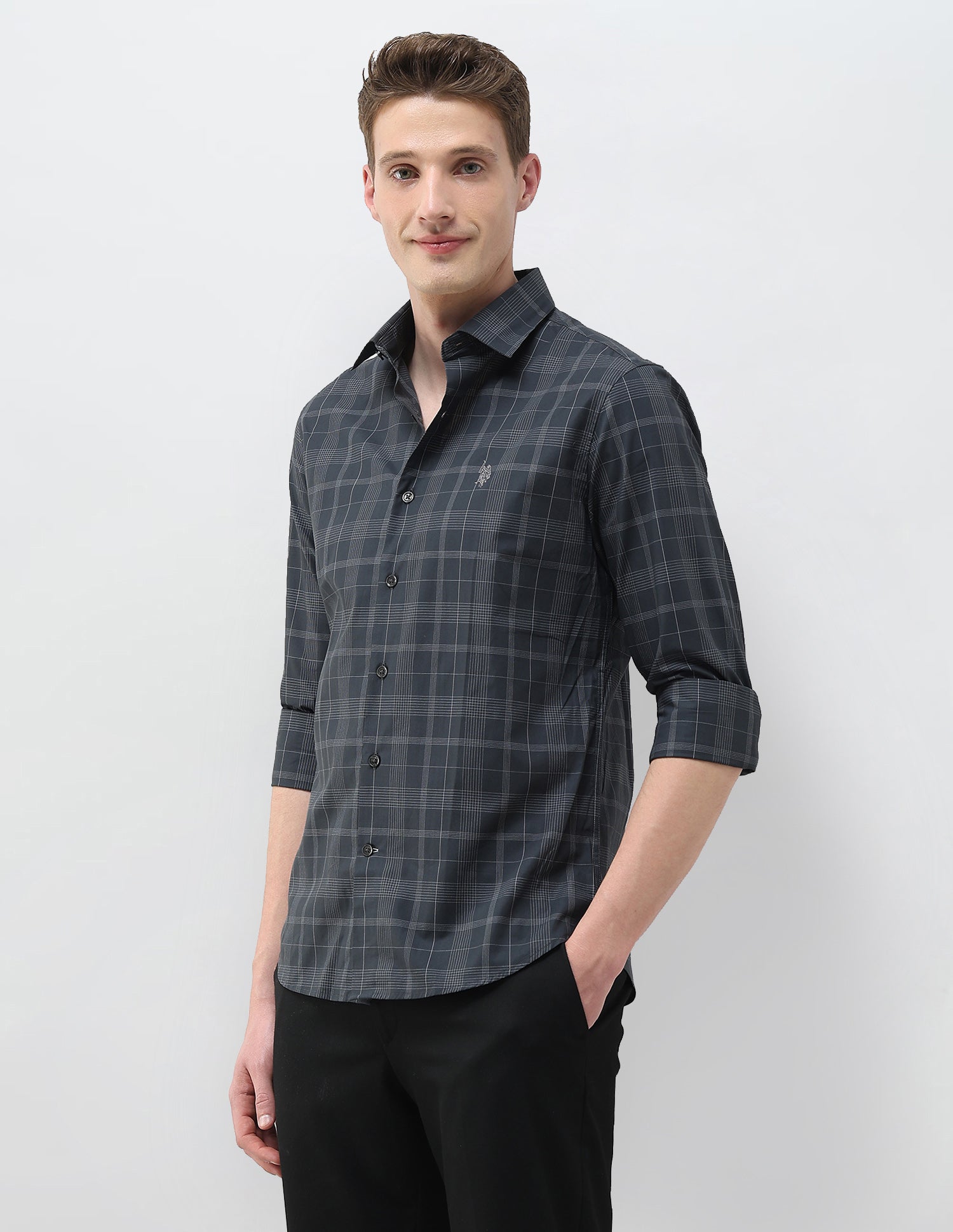 Tartan Checked Tailored Fit Shirt Dark Grey - U.S. Polo Assn. India | Large