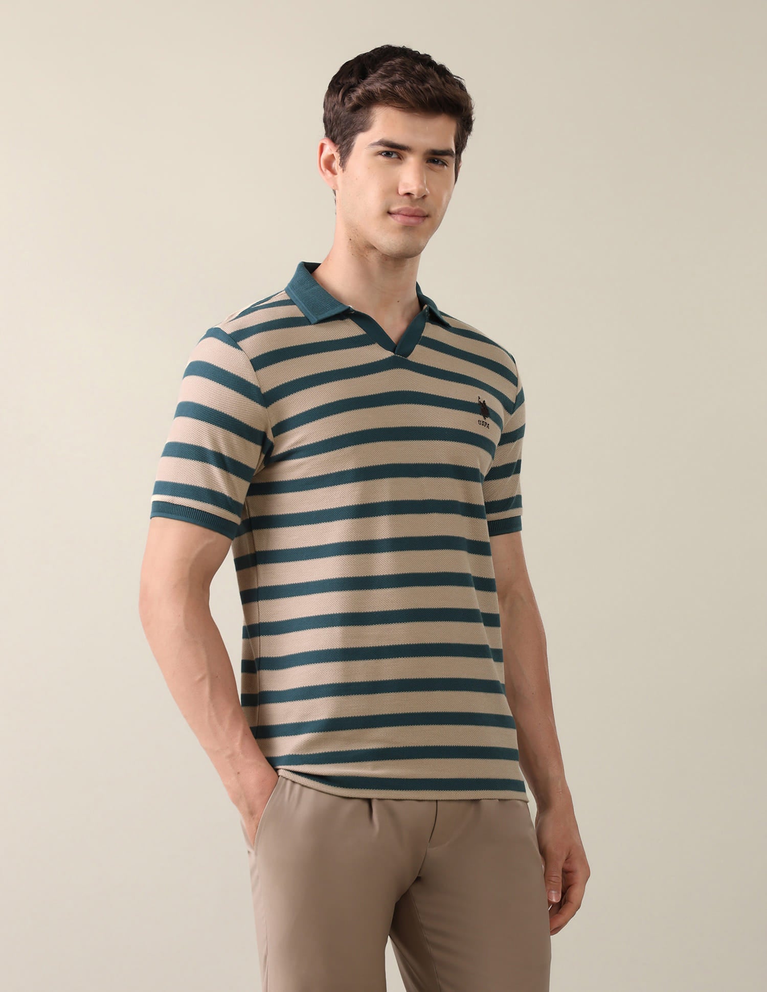 Horizontal Striped Slim Fit Polo Shirt Beige - U.S. Polo Assn. India | Large