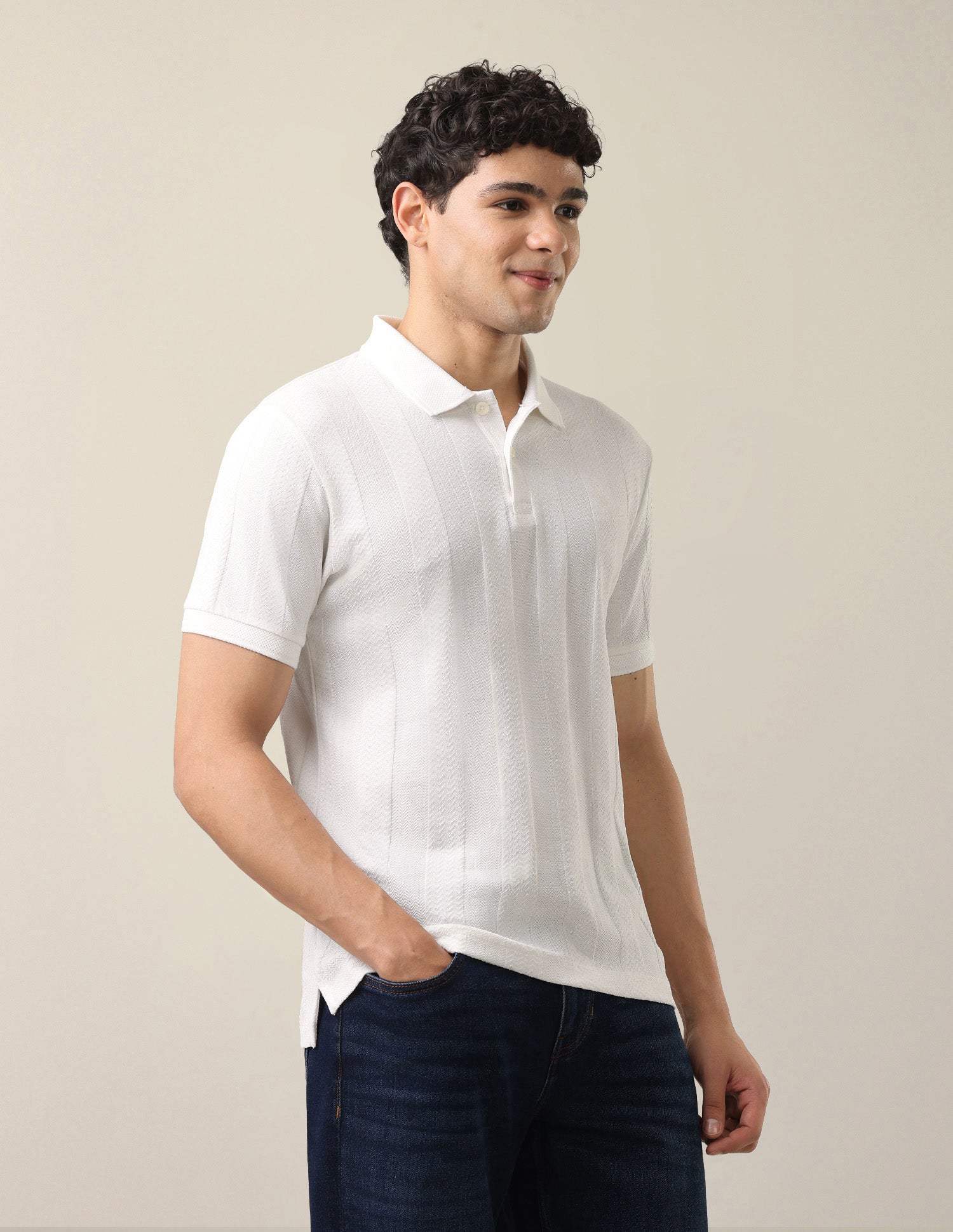Self Design Vertical Striped Slim Fit Polo Shirt Ivory - U.S. Polo Assn. India | Large