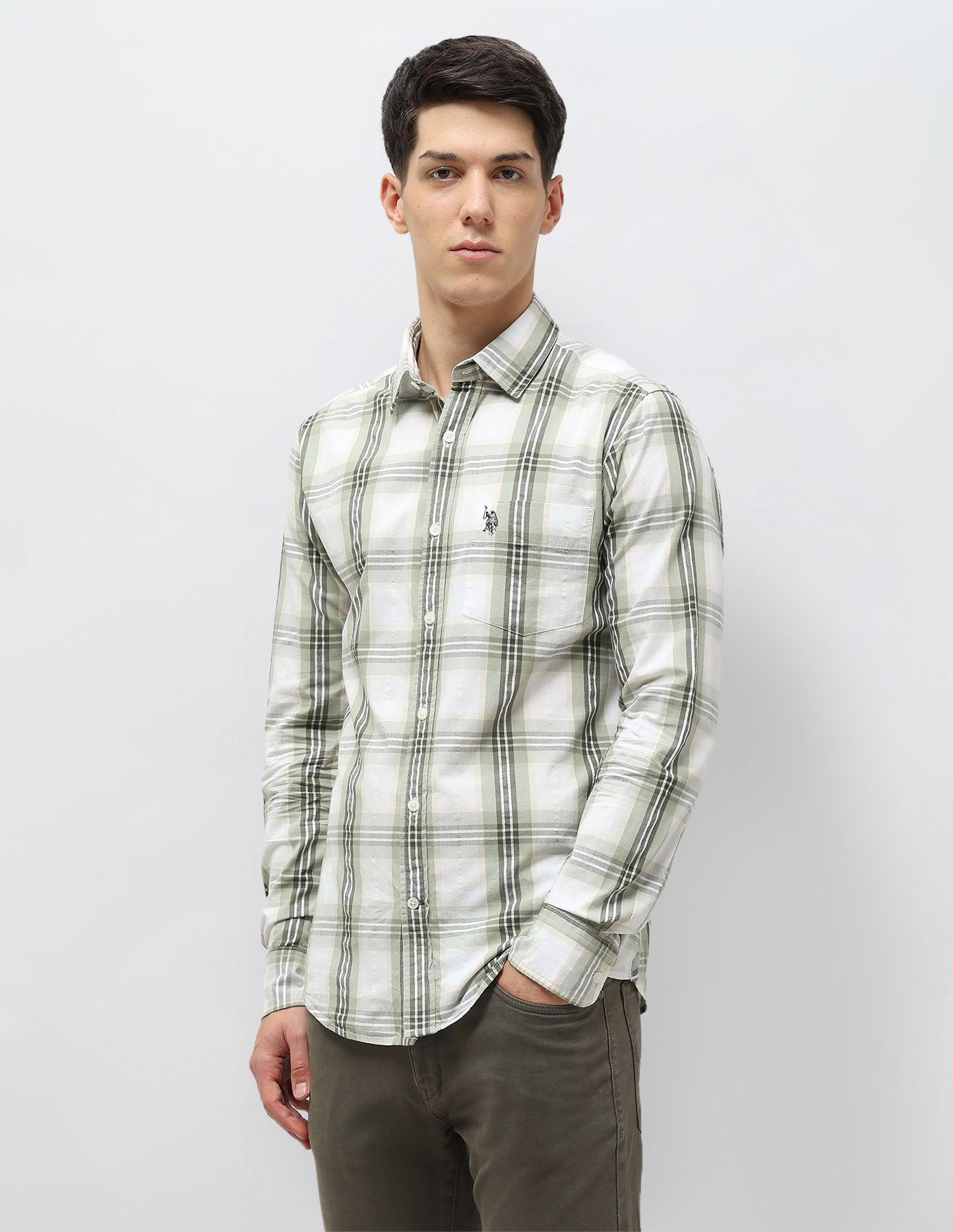 Tartan Checked Seersucker Shirt Light Olive - U.S. Polo Assn. India | Large