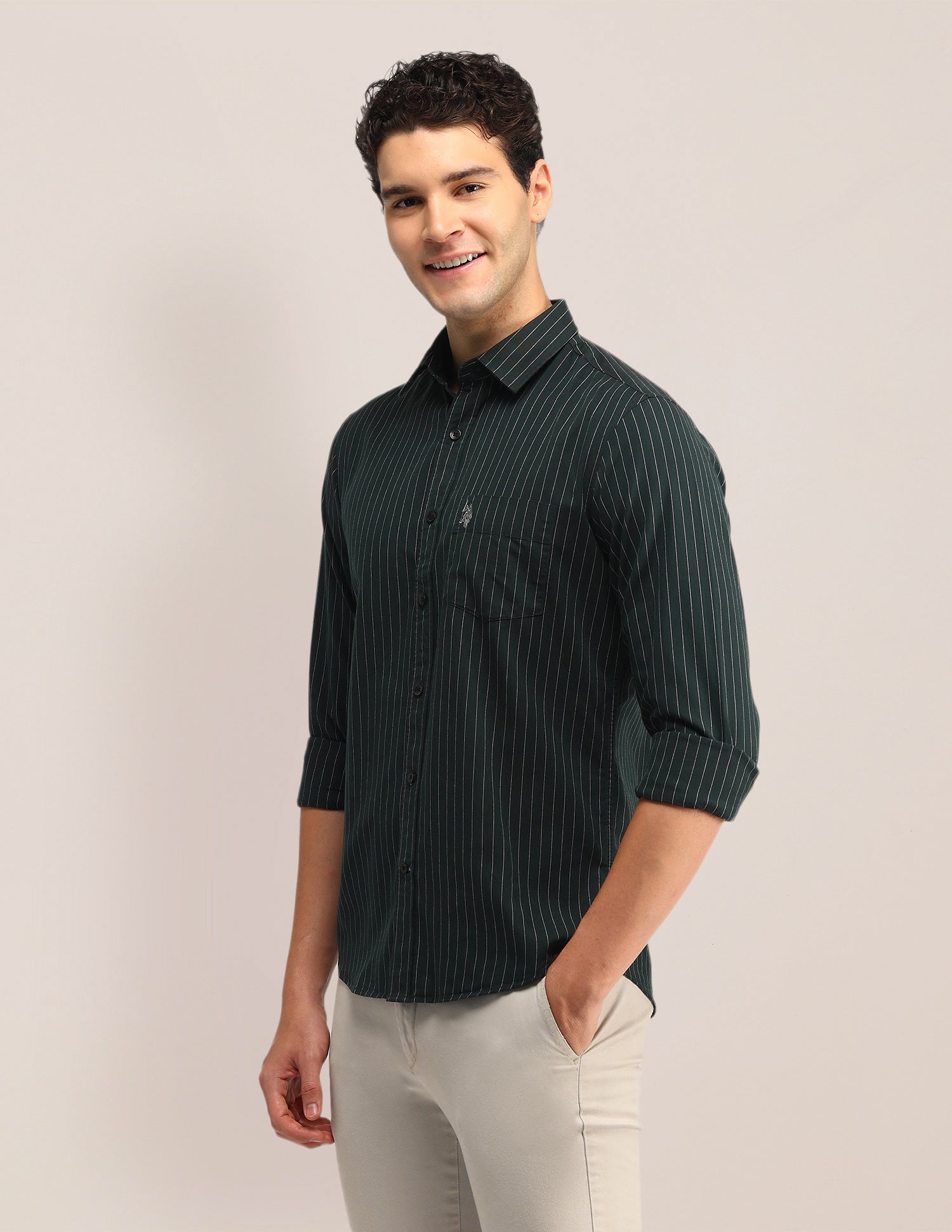 Vertical Striped Tailored Fit Shirt Dark Green - U.S. POLO ASSN. | Large