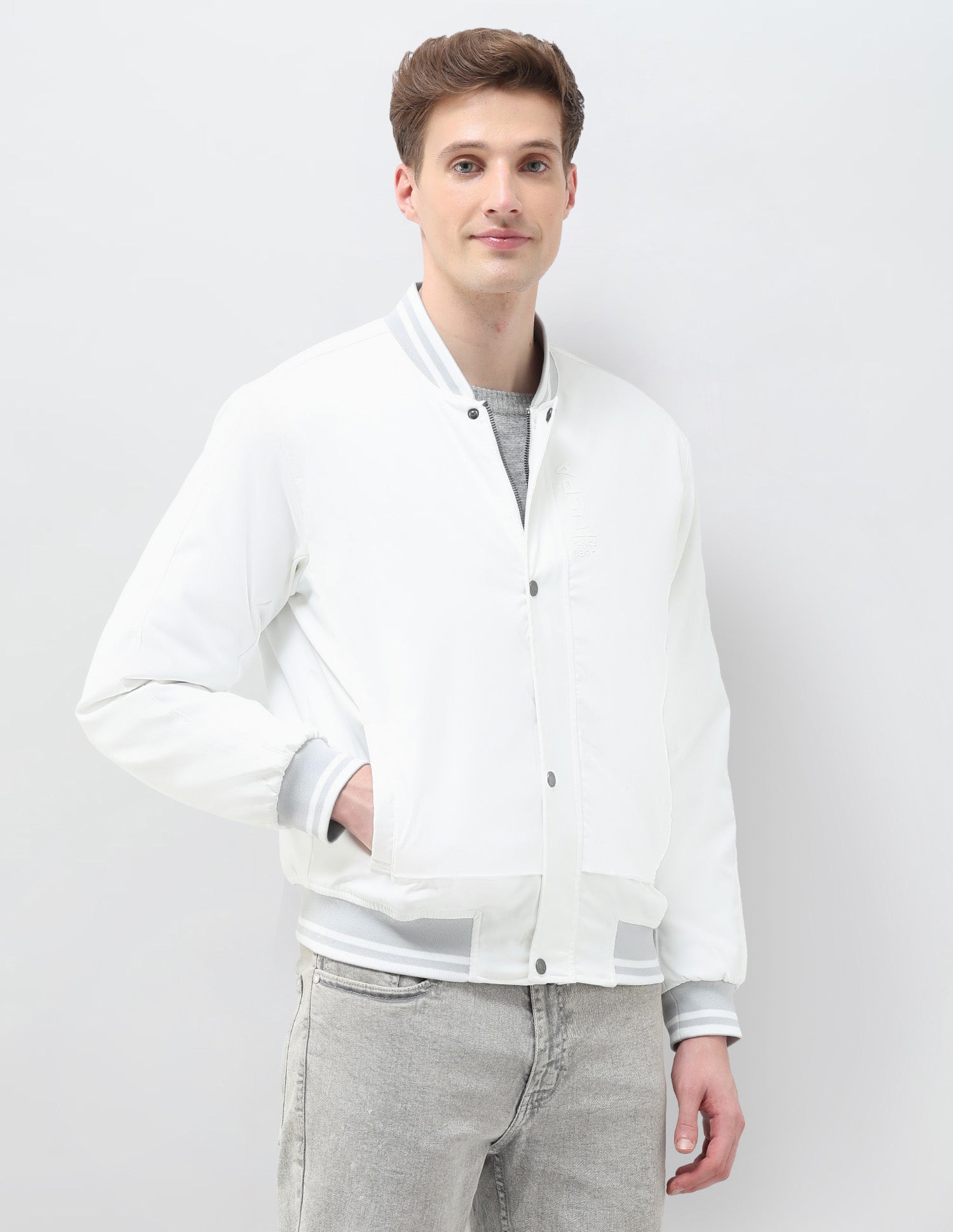 Solid Regular Fit Bomber Jacket Off White - U.S. Polo Assn. India | Large
