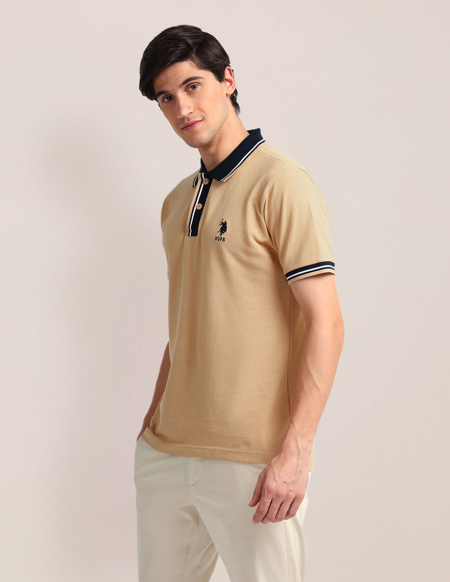 Contrast Collar Slim Polo Shirt Beige - U.S. Polo Assn. India | Large